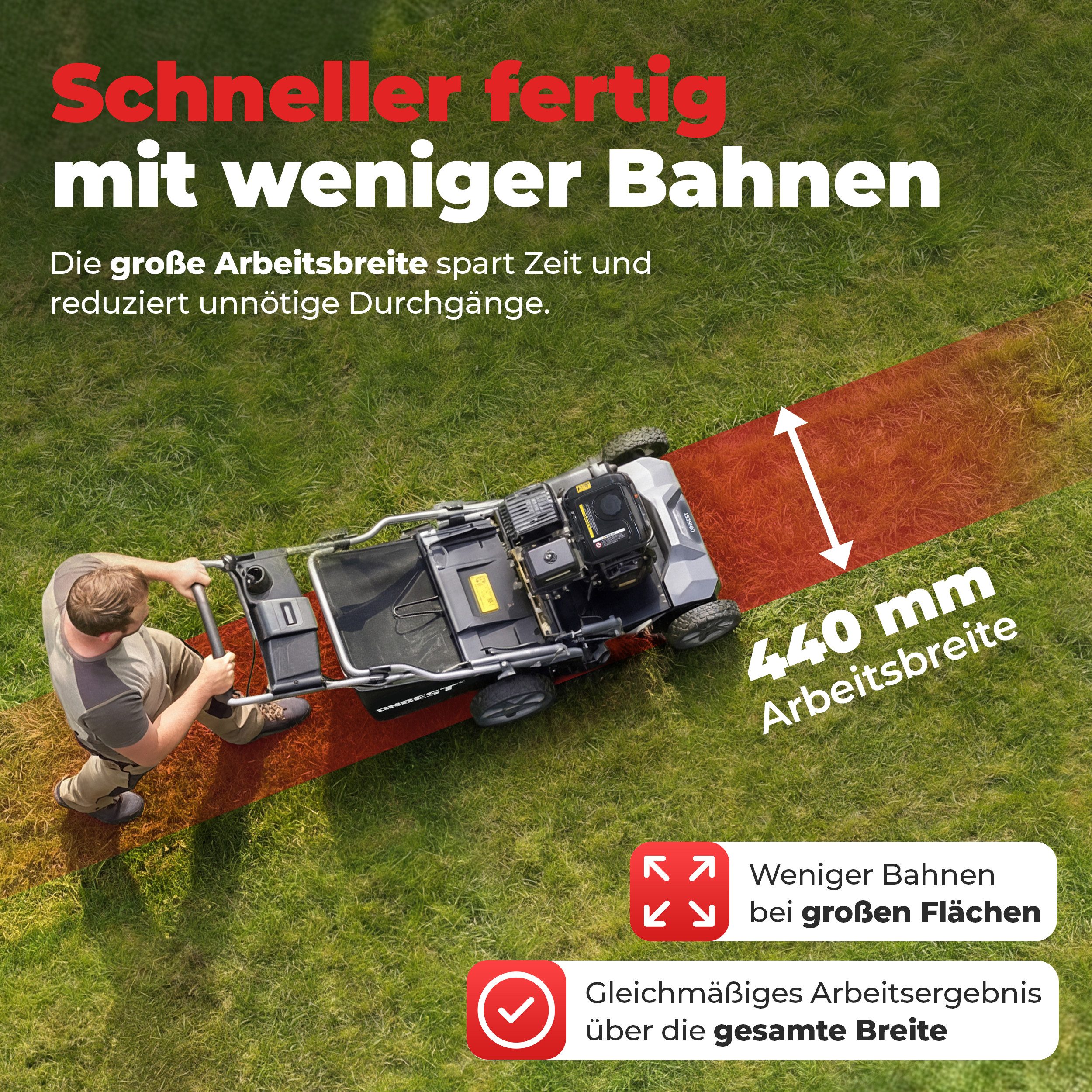Onbest Benzin-Vertikutierer / Lüfter S4544, 2in1 4,5 kW / 6,12 PS 45L Fangkorb, 6-Stufen, 44 cm Arbeitsbreite, -15 bis +15 mm, 223 cm³