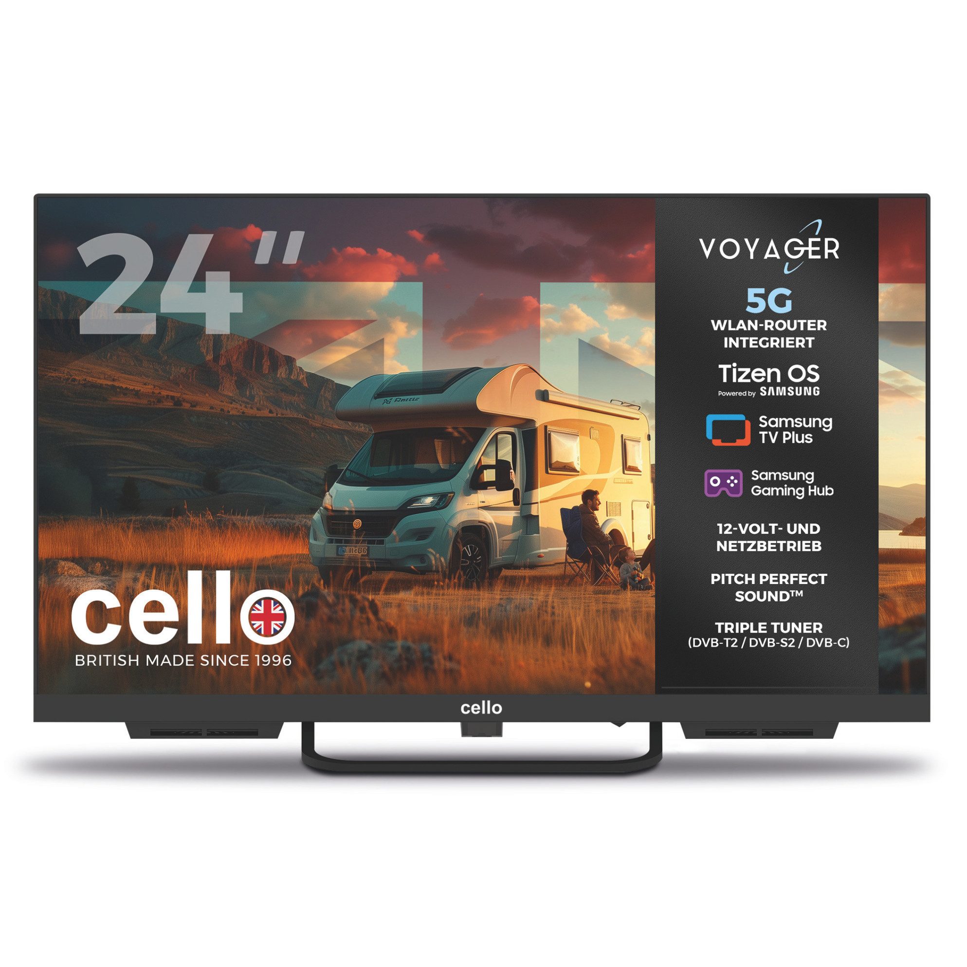 Cello 24" Voyager Traveller Tizen OS Smart‑TV mit integriertem 5G‑Router LED-Fernseher (60,96 cm/24 Zoll, HD-Ready, Smart‑TV, WLAN, 5G‑Router integriert, Intern verbaute LTE‑Antennen, Pitch Perfect Sound, Samsung Gaming Hub)