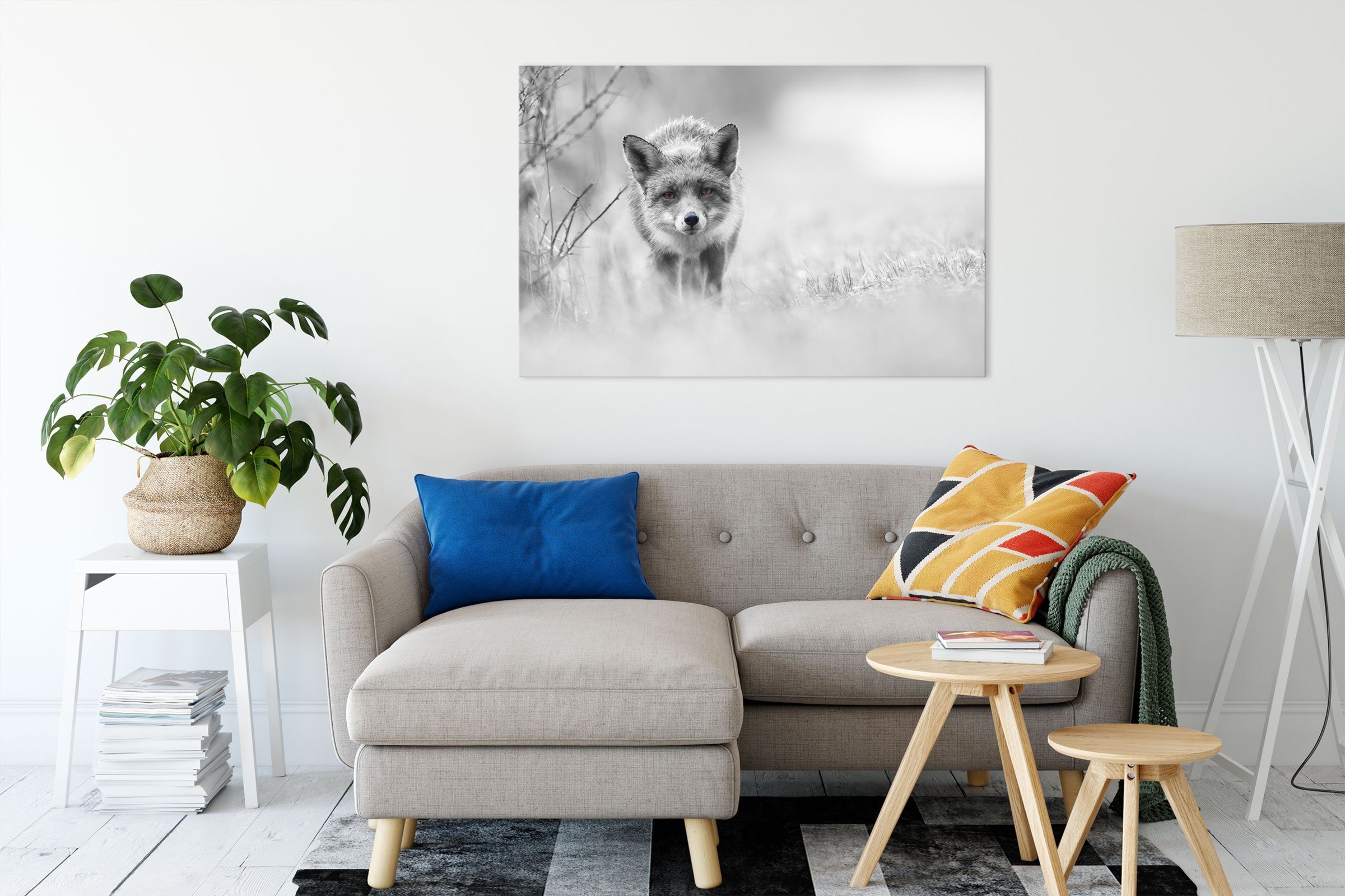 Pixxprint Leinwandbild hübscher schleichender Fuchs, schleichender St), fertig Zackenaufhänger (1 Fuchs hübscher bespannt, inkl. Leinwandbild