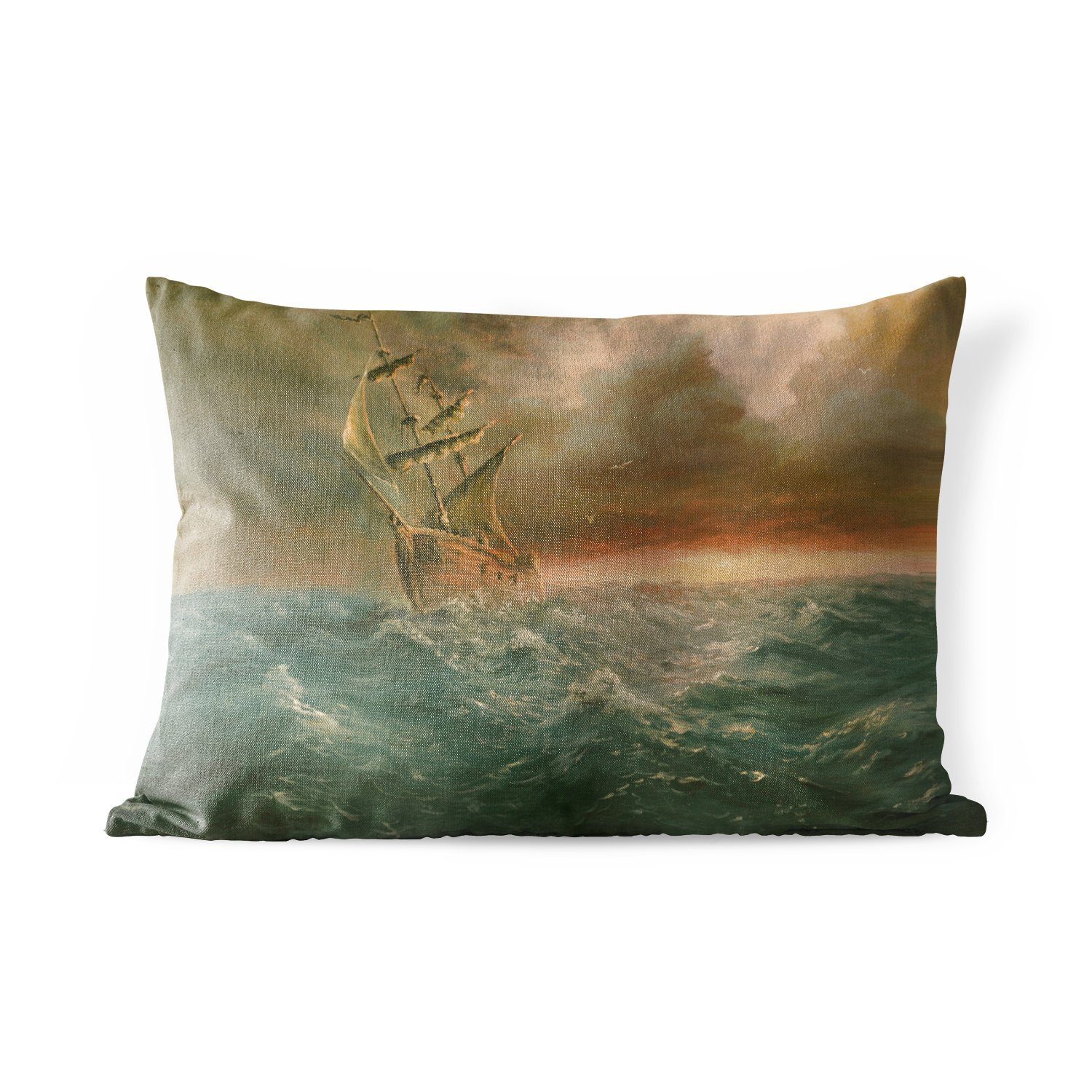 MuchoWow Dekokissen Illustration eines Segelschiffs auf den Wellen bei Sonnenuntergang, Outdoor-Dekorationskissen, Polyester, Dekokissenbezug, Kissenhülle