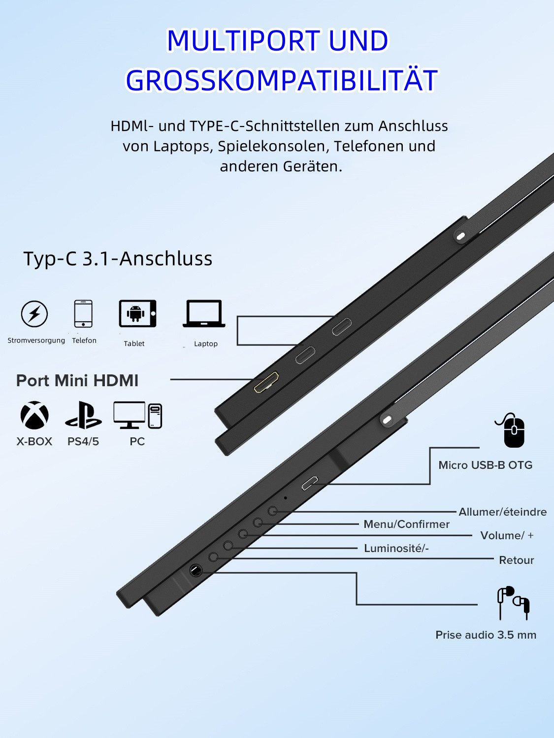UPERFECT Tragbarer 22-Zoll-2K-Monitor, IPS-Bildschirm Portabler Monitor (55,88 cm/22 ", 2560x1440 px, 2k, 20 ms Reaktionszeit, 60 Hz, IPS, Mini-HDMI, USB-C, VESA, für PC, Laptop, Handy, Xbox, Switch)