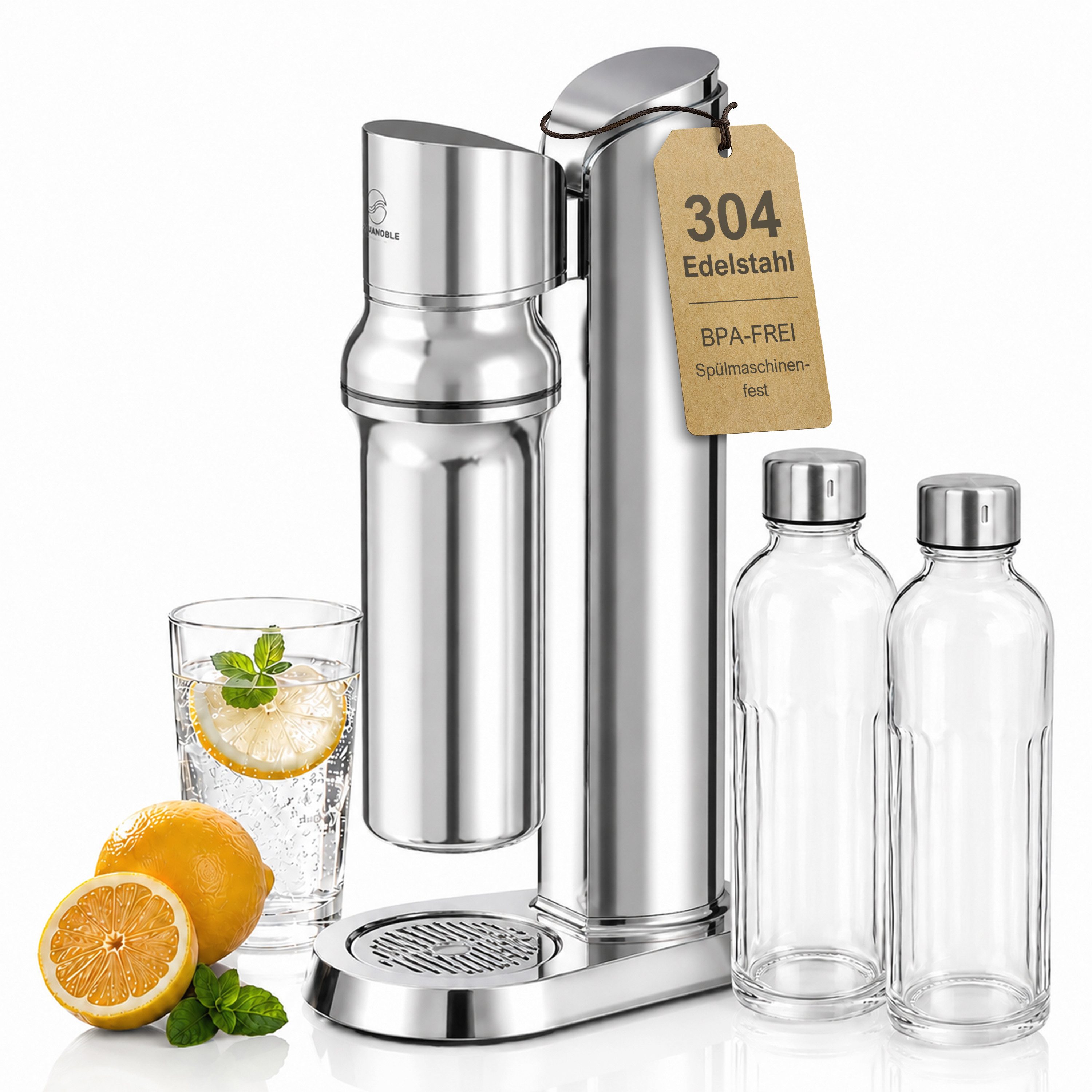 AQUANOBLE SYSTEMS Wassersprudler Premium aus Edelstahl inkl. 2 Wasser Flaschen– Soda Maker, (Set, Wassersprudler inkl. 2 Glasflaschen), …