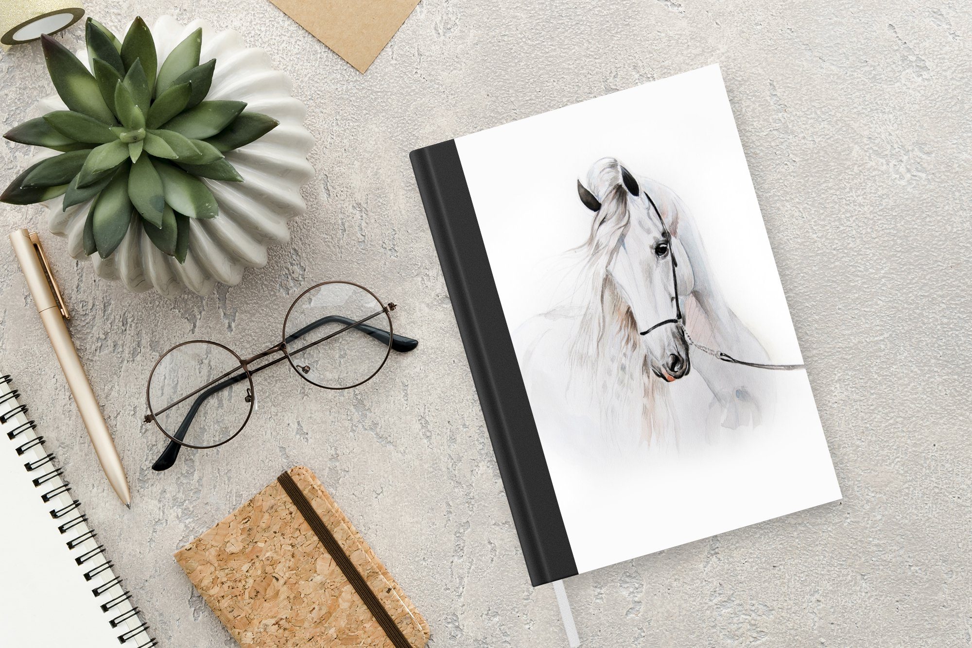 98 Tiere Aquarell Pferd Weiß, Notizheft, - Tagebuch, Merkzettel, Haushaltsbuch - - Notizbuch Journal, Seiten, A5, MuchoWow