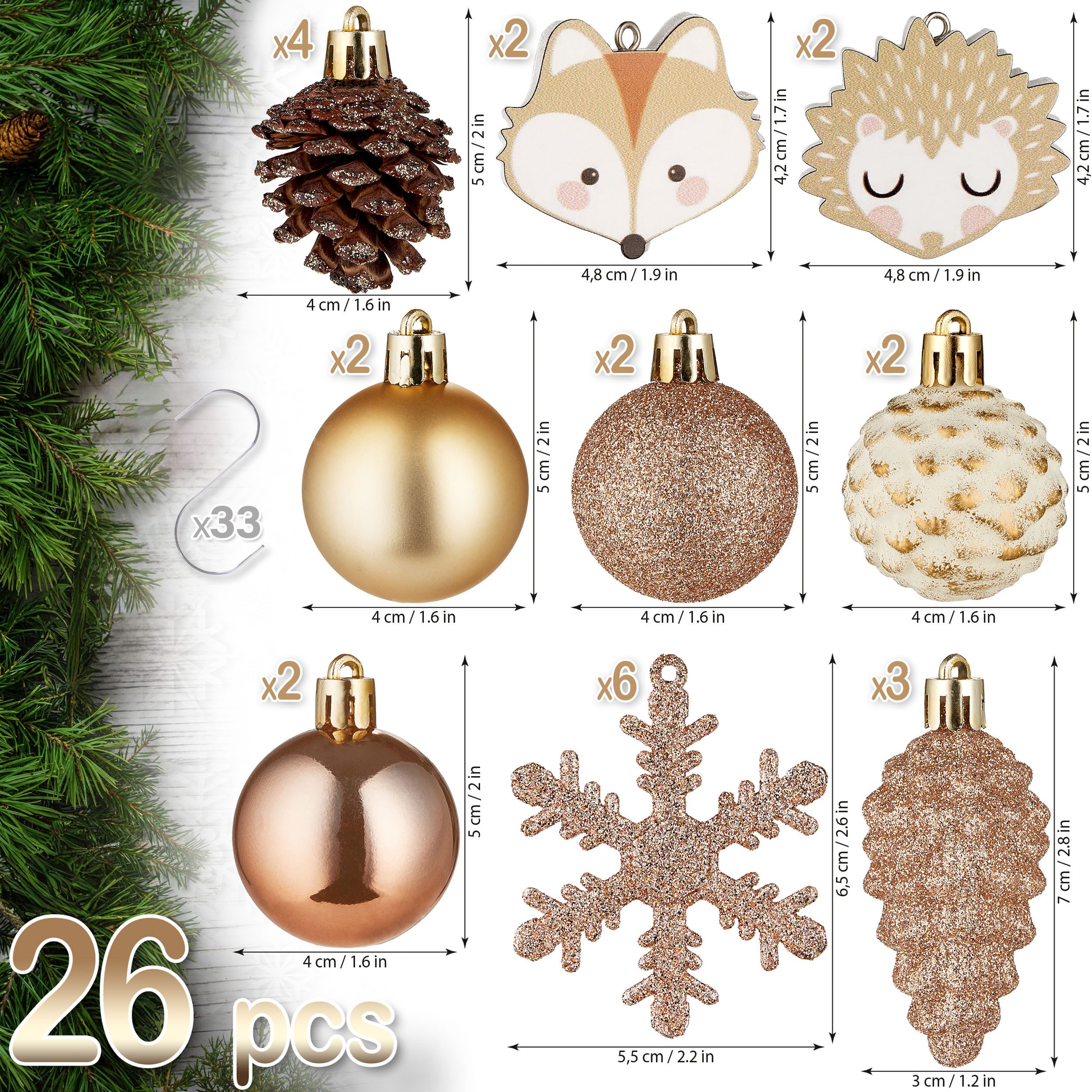 BRUBAKER Weihnachtsbaumkugel 26 Stück Christbaumschmuck Wald und Tiere - Weihnachtskugel Set (26 St), Tannenzapfen, Igel und Fuchs, Schneeflocke, Weihnachtsbaum Baumschmuck