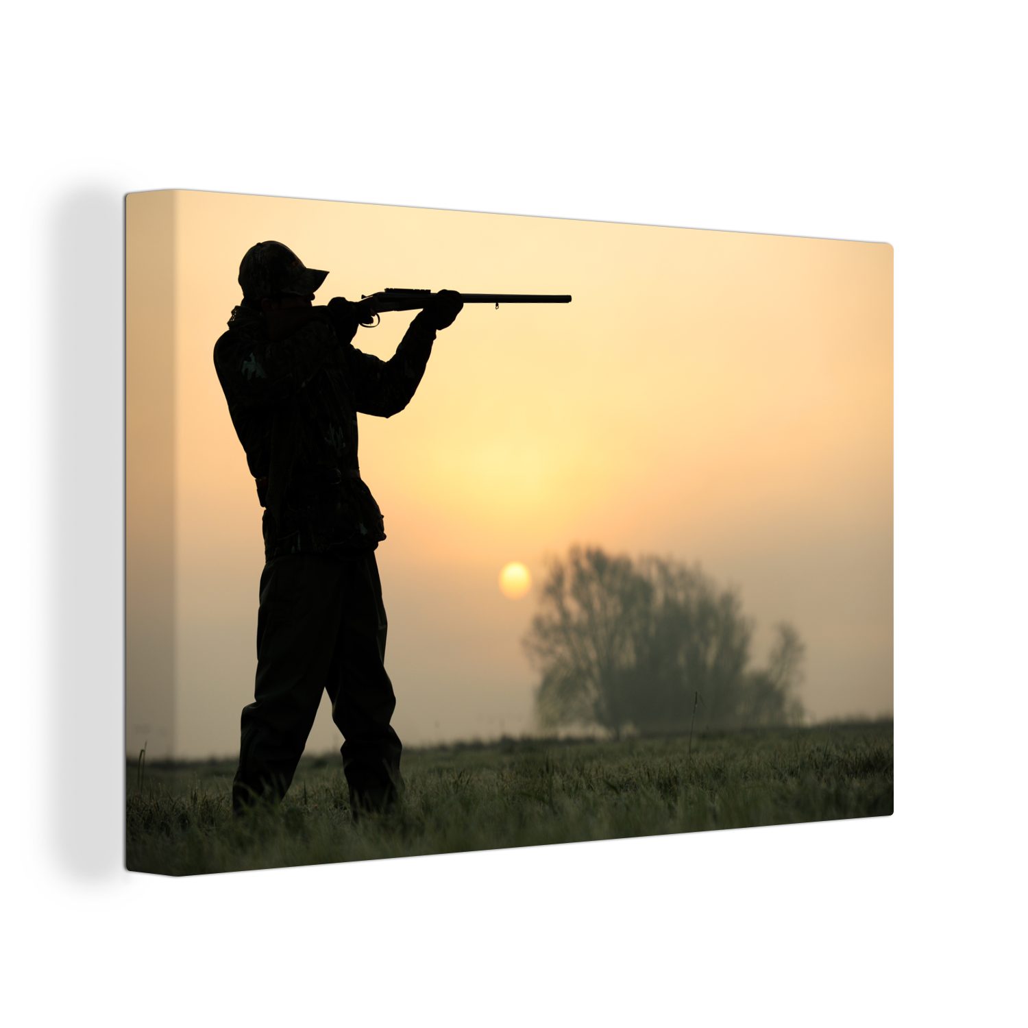 OneMillionCanvasses® Leinwandbild Silhouette eines Jägers, der mit seiner Flinte auf ein Tier zielt, (1 St), Wandbild Leinwandbilder, Aufhängefertig, Wanddeko, 30x20 cm