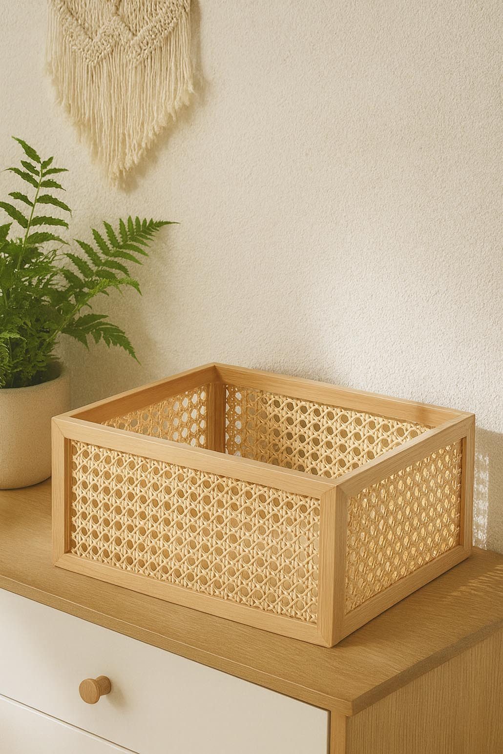 Kobolo Aufbewahrungskorb Regalkorb aus Holz und Rattan Gr L