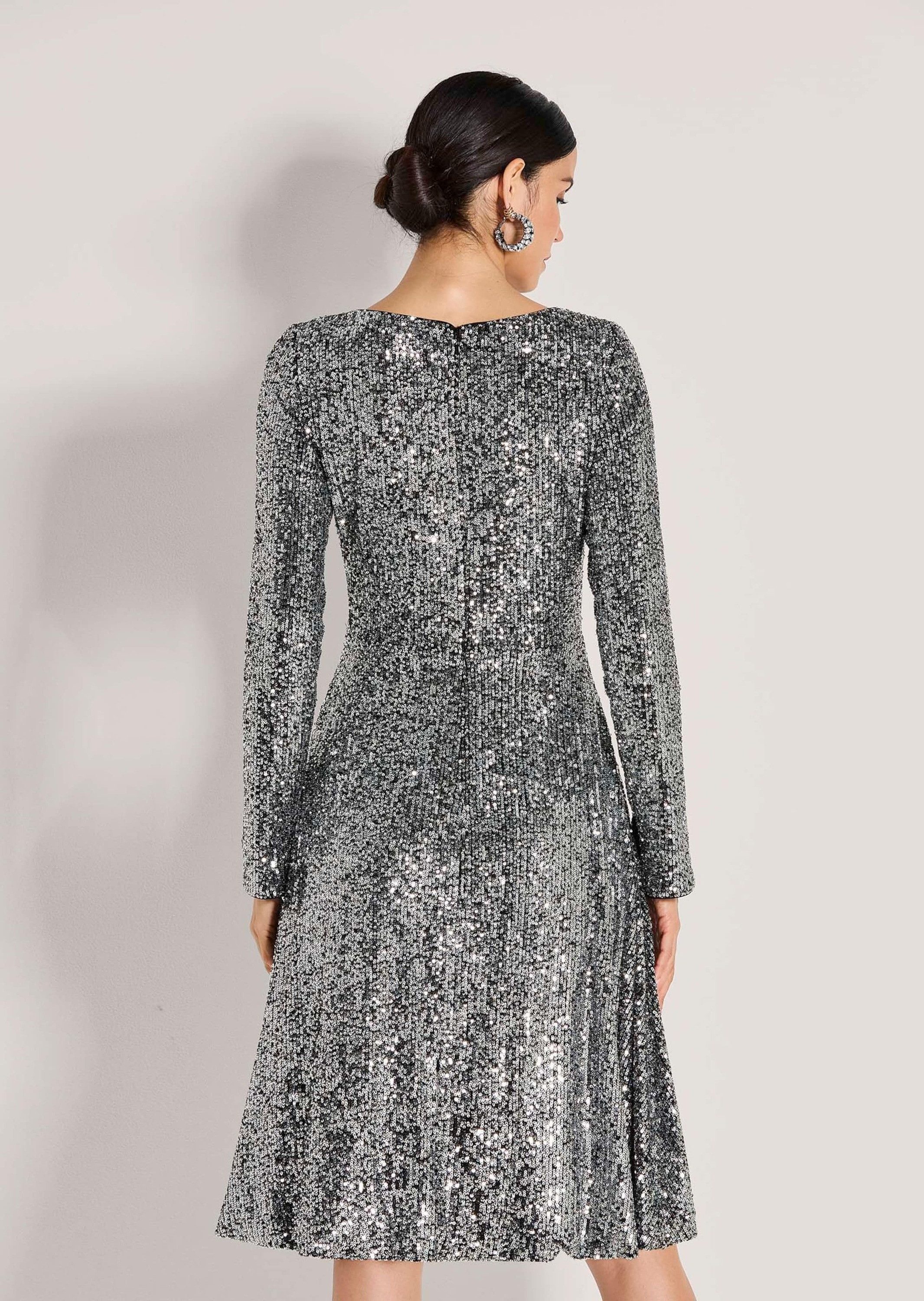 MADELEINE Midikleid Abendkleid mit Glanzeffekt Stilvolles Eventkleid mit U-Boot-Ausschnitt und Langarm