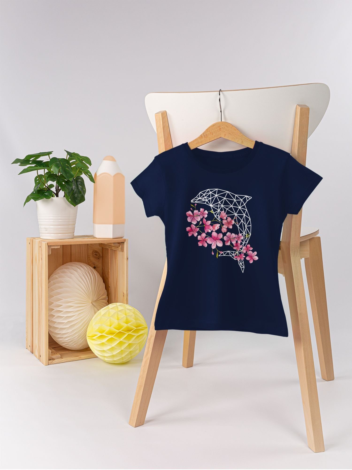 Print 1 Delfin T-Shirt Tiermotiv Animal Blumen Shirtracer Dunkelblau mit