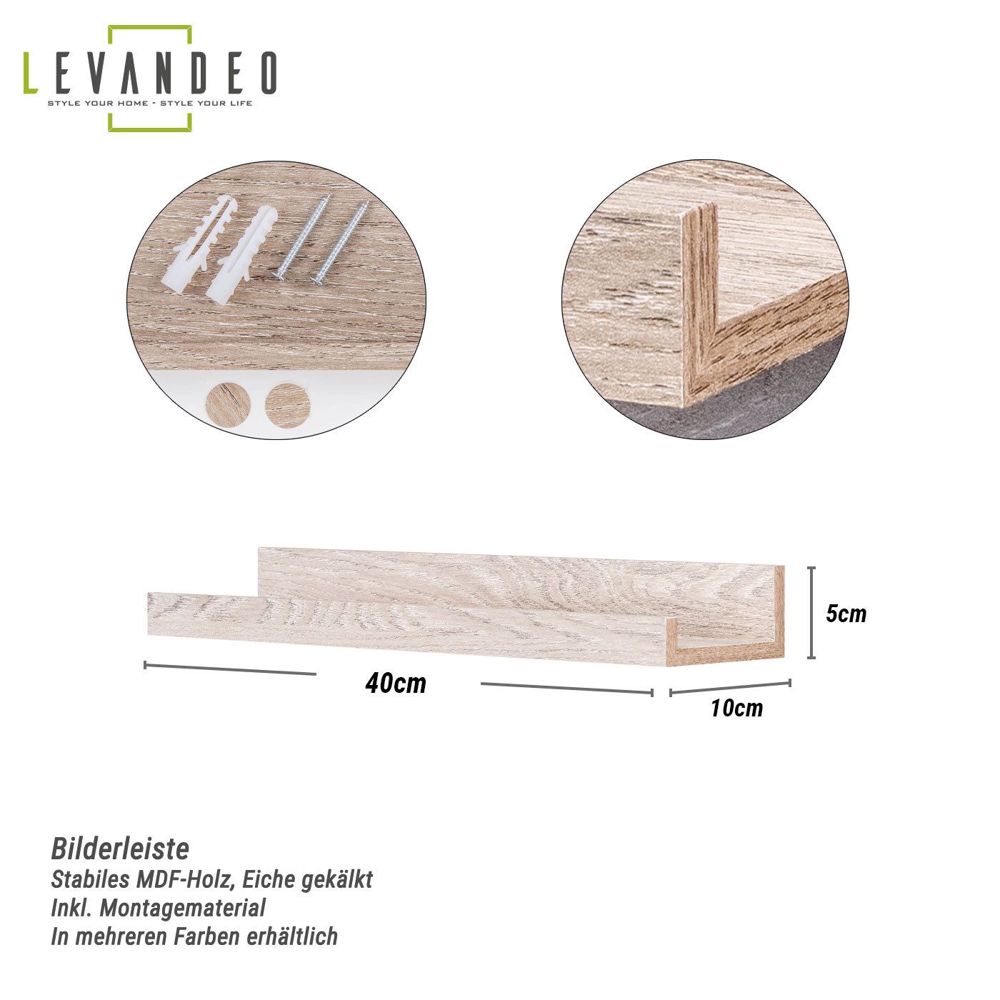 Levandeo® Bilderleiste, Bilderleiste Eiche Gekälkt L40cm MDF Holz Wandregal günstig online kaufen