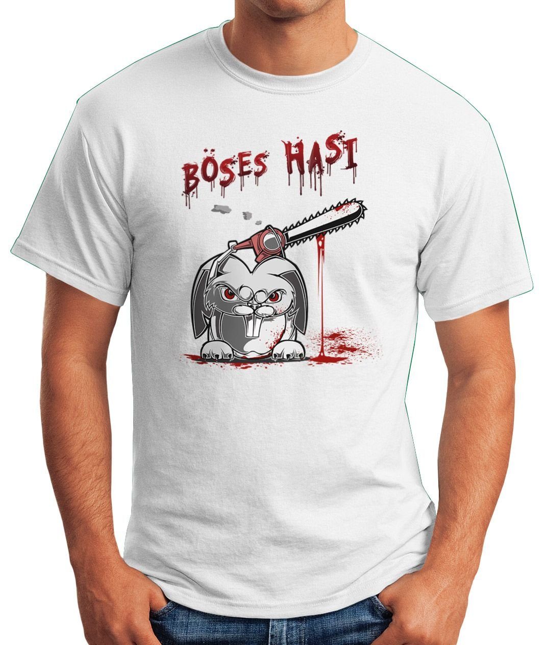 T-Shirt mit Fun-Shirt böses Moonworks® Hasi Horror Motiv Print-Shirt lustig Spruch Herren Parodie Print MoonWorks Kettensäge