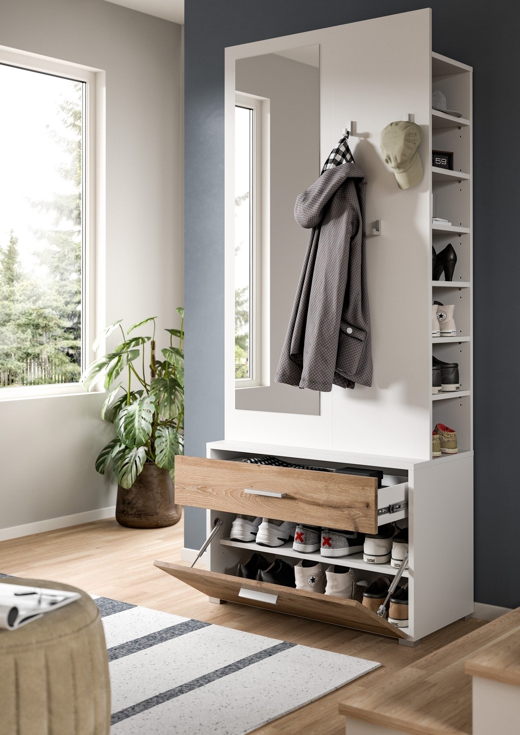 freiraum Kompaktgarderobe Polo Schublade + Klappe, weiß / nox oak / Spiegel - 80x190x38cm (BxHxT)