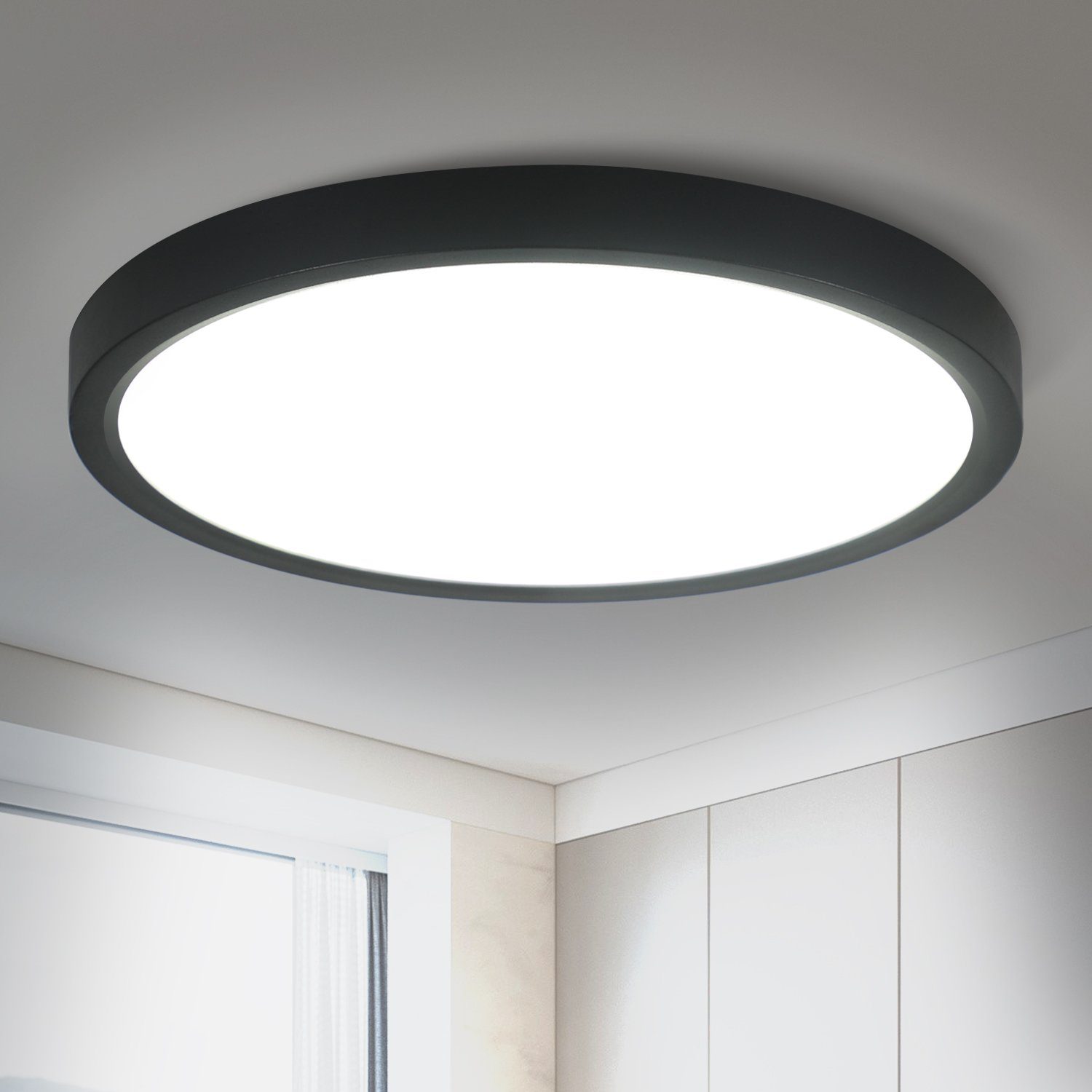 Nettlife LED Panel Schwarz Deckenlampe Schlafzimmer 22 Küche IP44 Kaltweiß, * 2.5 für fest 22 CM 15W, Flur, LED * Flach Badezimmer integriert, Deckenbeleuchtung, Wasserdicht