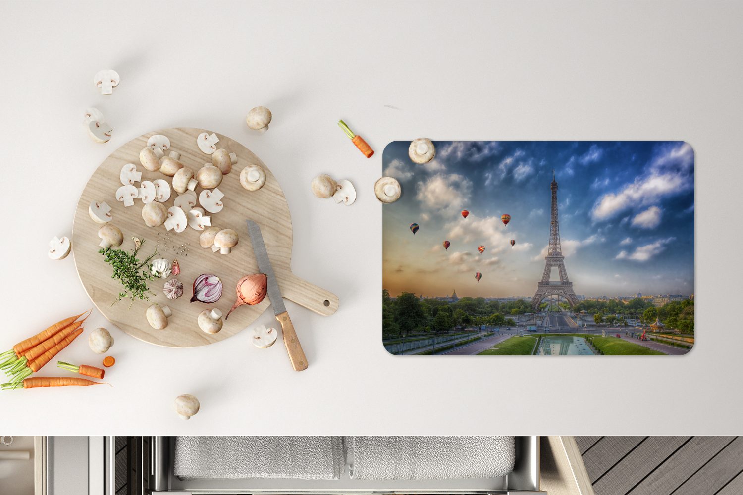 Platzset, Platzdecken, (6-St), Heißluftballons Schmutzabweisend Hintergrund im Platzmatte, über Paris, Platzset, mit Der Tischmatten, Eiffelturm MuchoWow,