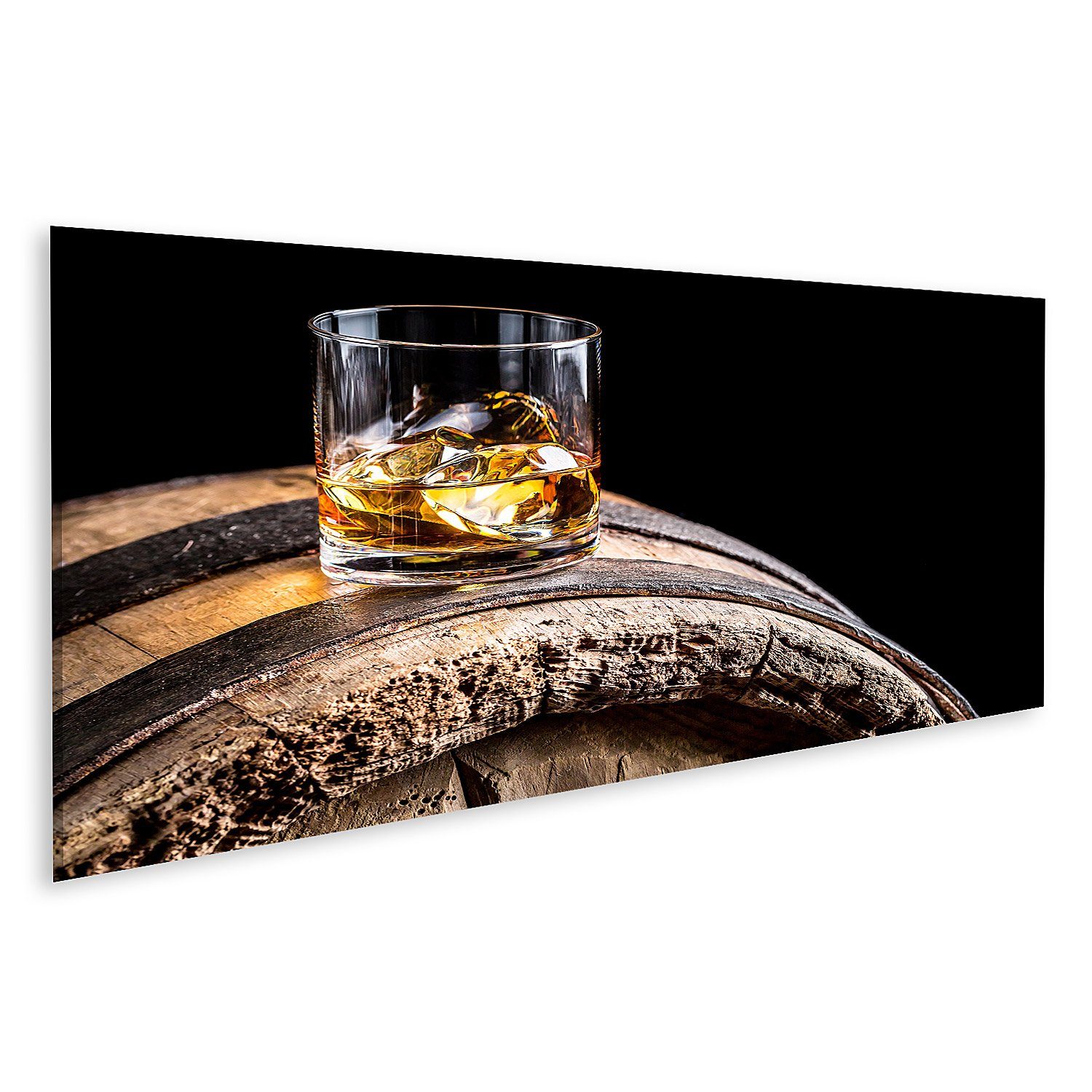 Leinwandbild Bild auf Leinwand Ein Glas Whisky mit Eis auf einem alten Holzfass Wan