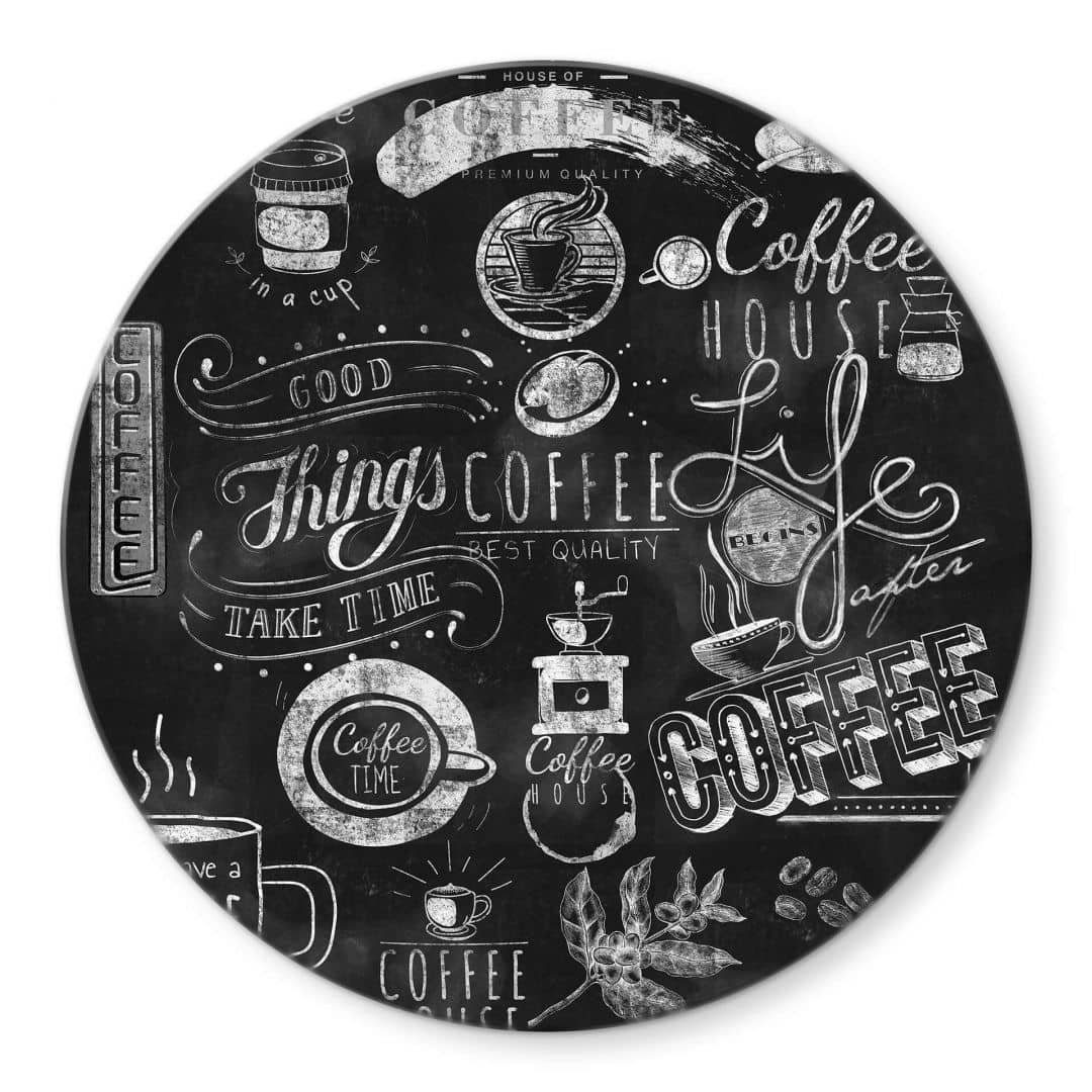 K&L Wall Art Gemälde Glas Wandbild Rund Glasbild Typografie Kaffee Welt Coffee Küche, Wandschutz Deko Bilder