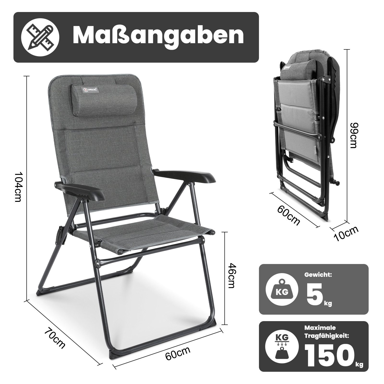 HOMECALL Campingstuhl Gartenstuhl Anglerstuhl Faltsessel Klappstuhl für Wohnwagen Outdoors (UV++ Olefin-Stoff, 1 St), 5 fach Verstellbarer Rückenlehne, Hochlehner, Gepolsterter, bis 150kg