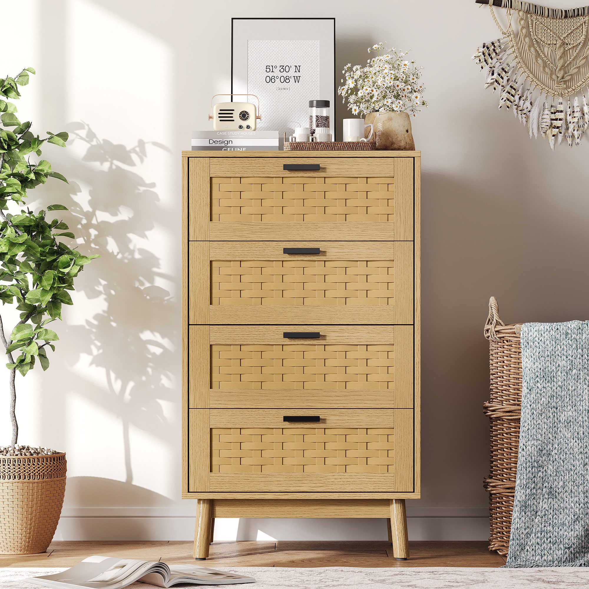 FUROKOY Kommode Sideboard mit 4 Schubladen Rattanschrank Küchenschrank, Schlafzimmerschrank Holz,Eichenfarbe