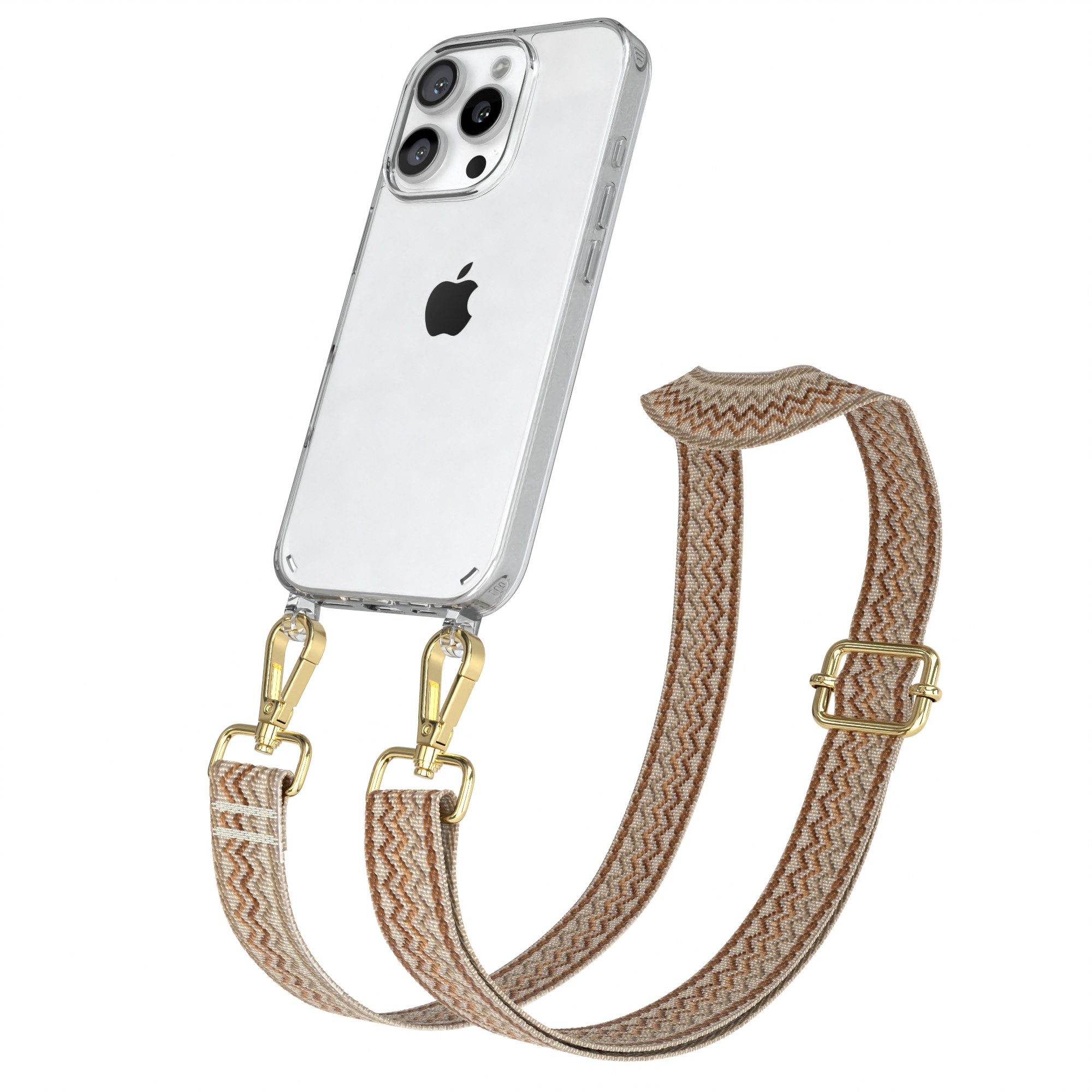 EAZY CASE Handykette Silikonhülle mit Kette für Apple iPhone 16 Pro 6,3 Zoll, Schulterriemen Taschenband Handyband Clear Hülle mit Band Beige