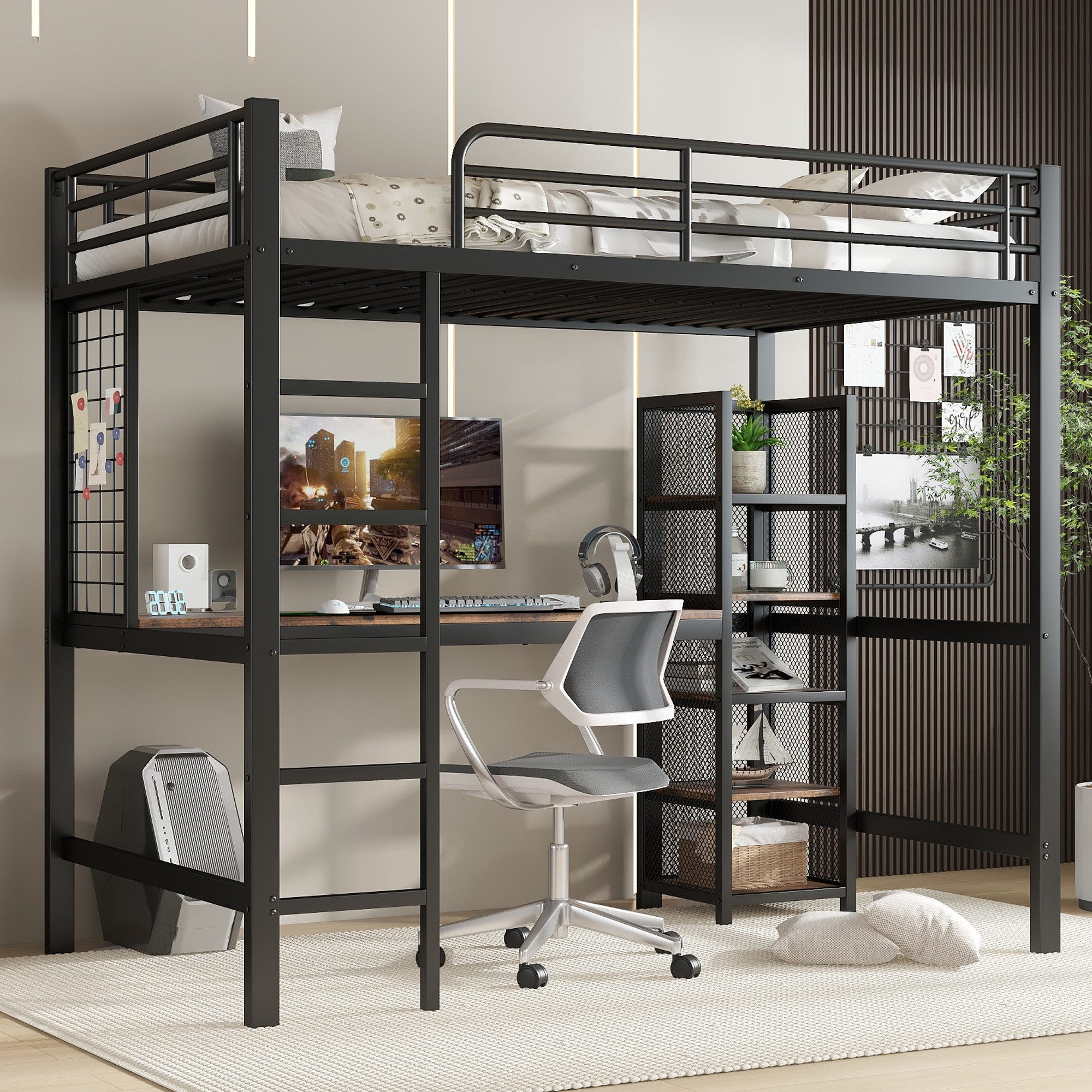 Merax Hochbett (1-St., Jugendbett Eisenbett Metallbett Einzelbett) Kinderbett 90x200cm mit Schreibtisch Ablageregal Metallgitter Leiter