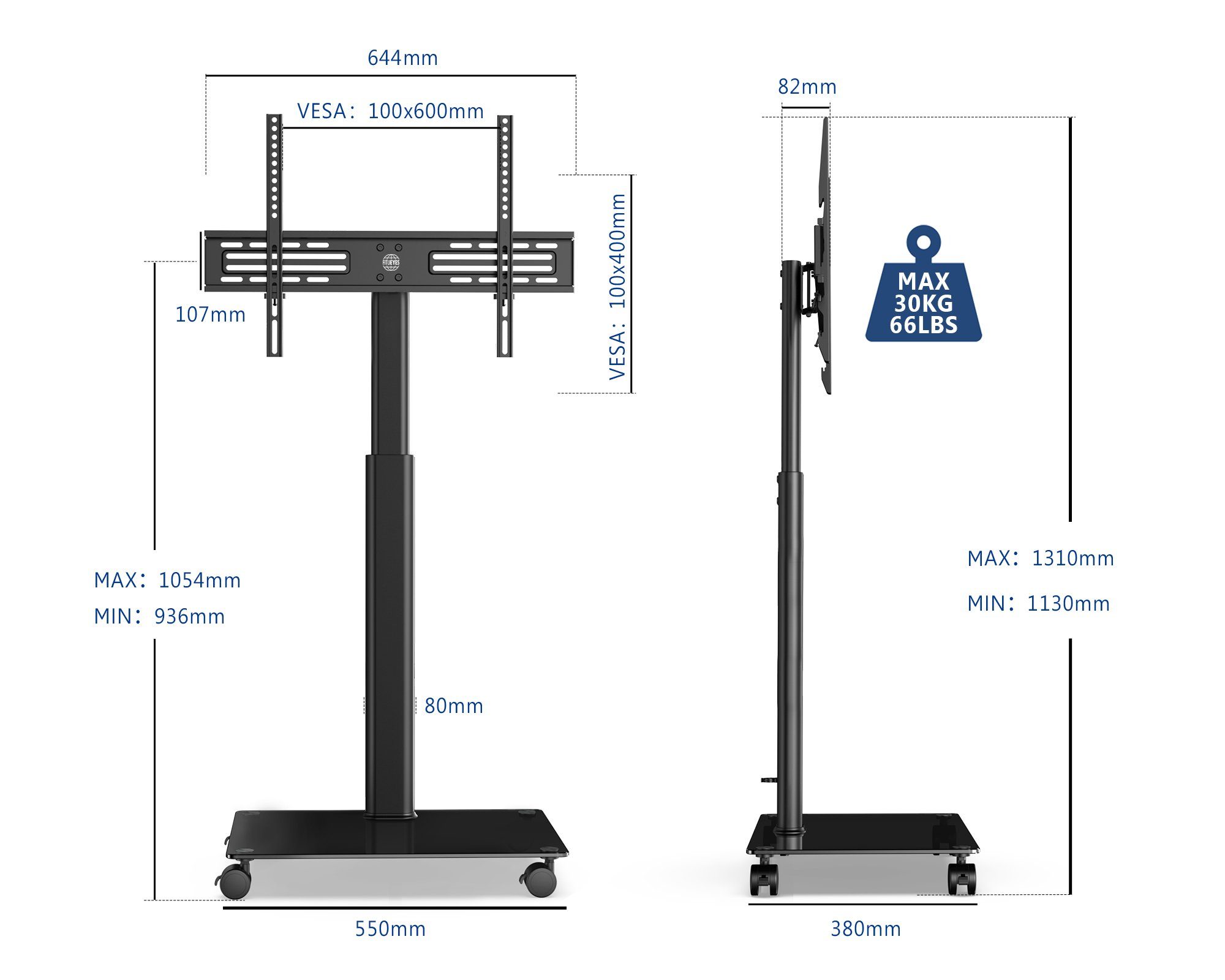 FITUEYES TV-Ständer TV-Rollwagen mit Rollen, 32-60 Zoll, (bis 60,00 Zoll, höhenverstellbar, ±35° schwenkbar) – Bild 5 von 5