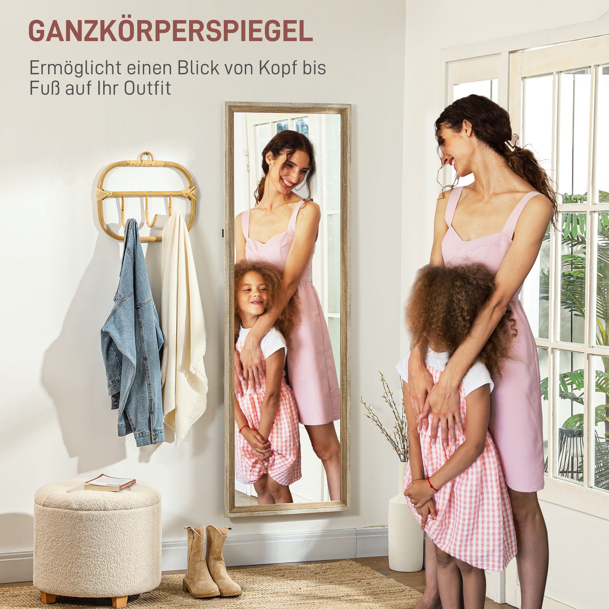 HOMCOM Standspiegel mit Zweifarben-Design (Ganzkörperspiegel, 1-St., Wandspiegel für Wohnzimmer, Schlafzimmer), 53,3 x 2,5 x 162,6 cm, Weiß+Naturholz