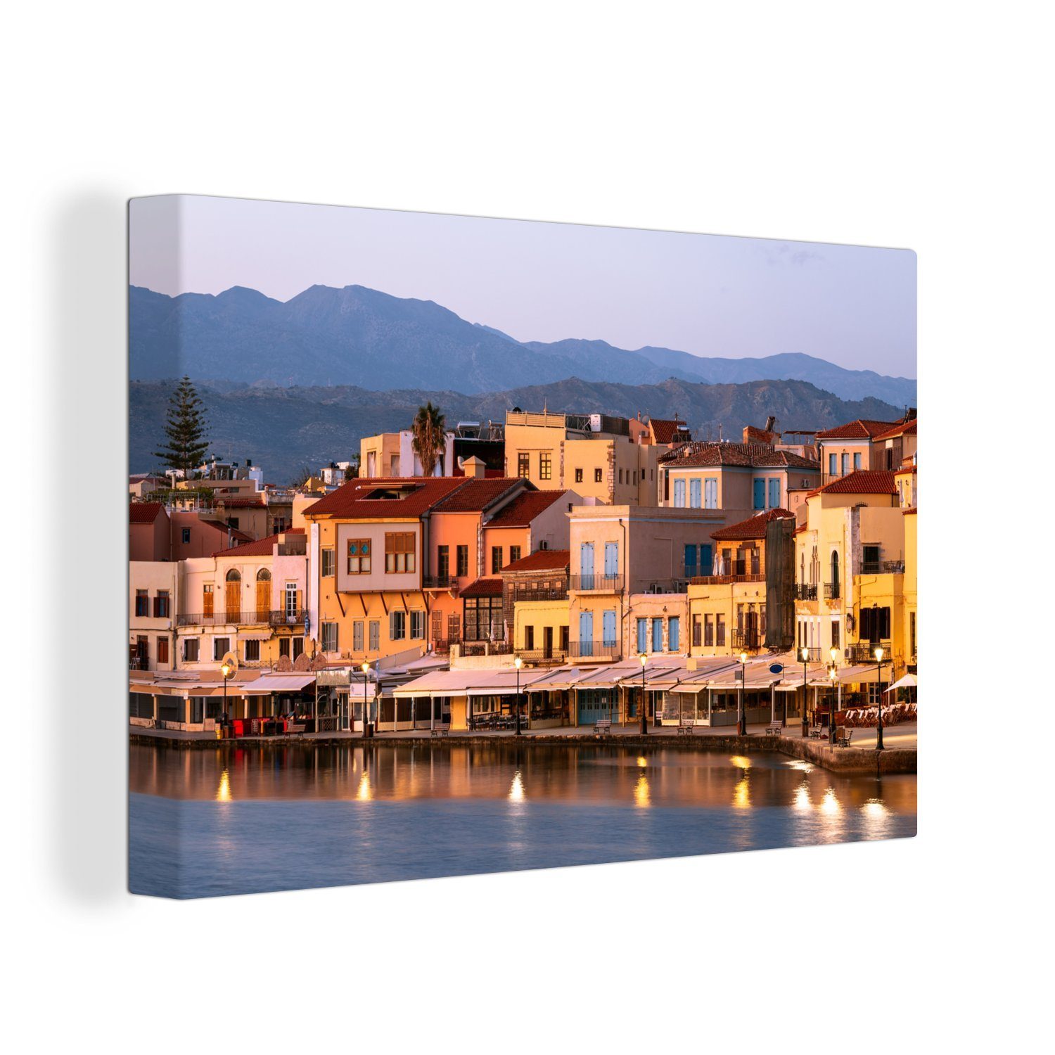 OneMillionCanvasses® Leinwandbild Skyline der Häuser am Wasser in Chania, (1 St), Wandbild Leinwandbilder, Aufhängefertig, Wanddeko, 30x20 cm