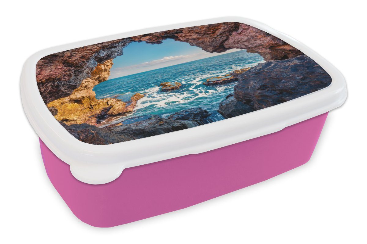 MuchoWow Lunchbox Höhle - Meer - Felsen - Natur, Kunststoff, (2-tlg), Brotbox für Erwachsene, Brotdose Kinder, Snackbox, Mädchen, Kunststoff rosa
