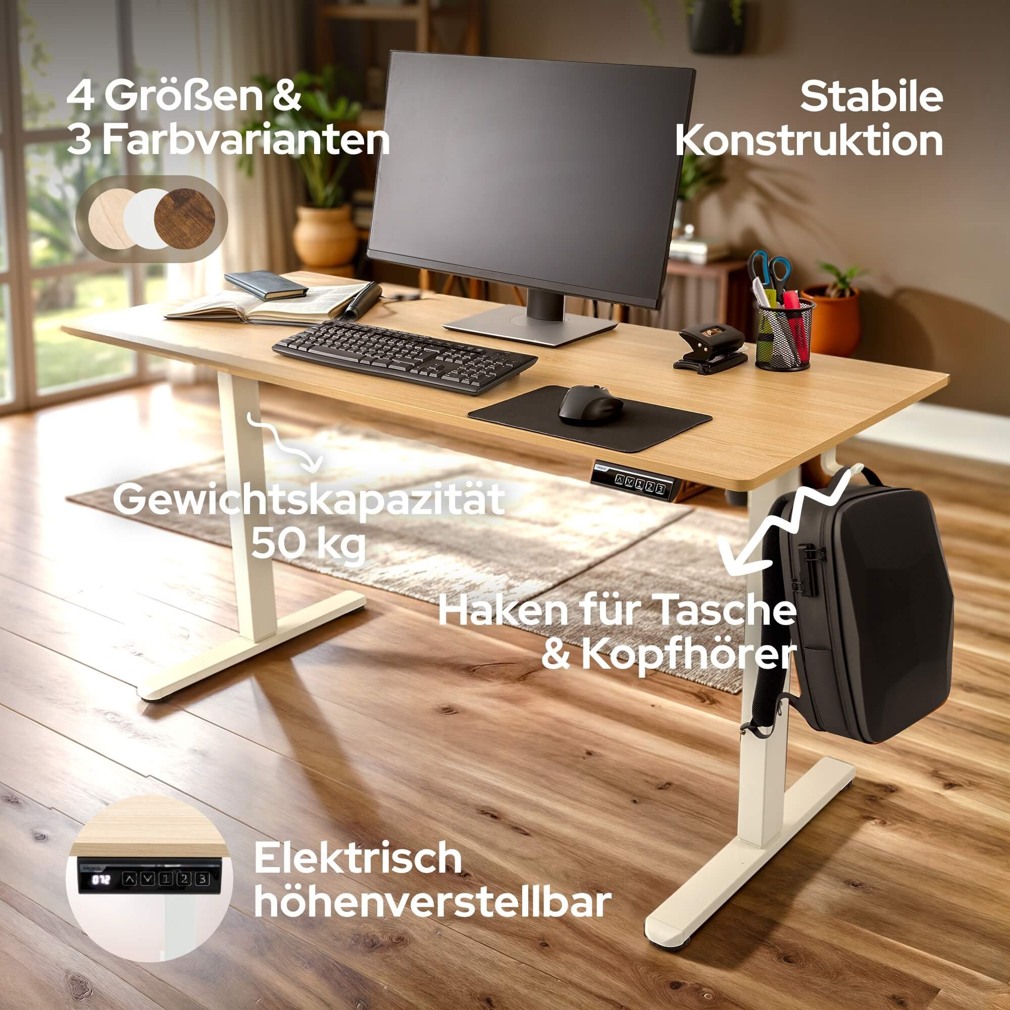 Arebos Schreibtisch Computer-Bürotisch 120 x 60 cm, elektrisch Memory-Funktion, 72-118 cm höhenverstellbar, Hebekapazität: 50 kg