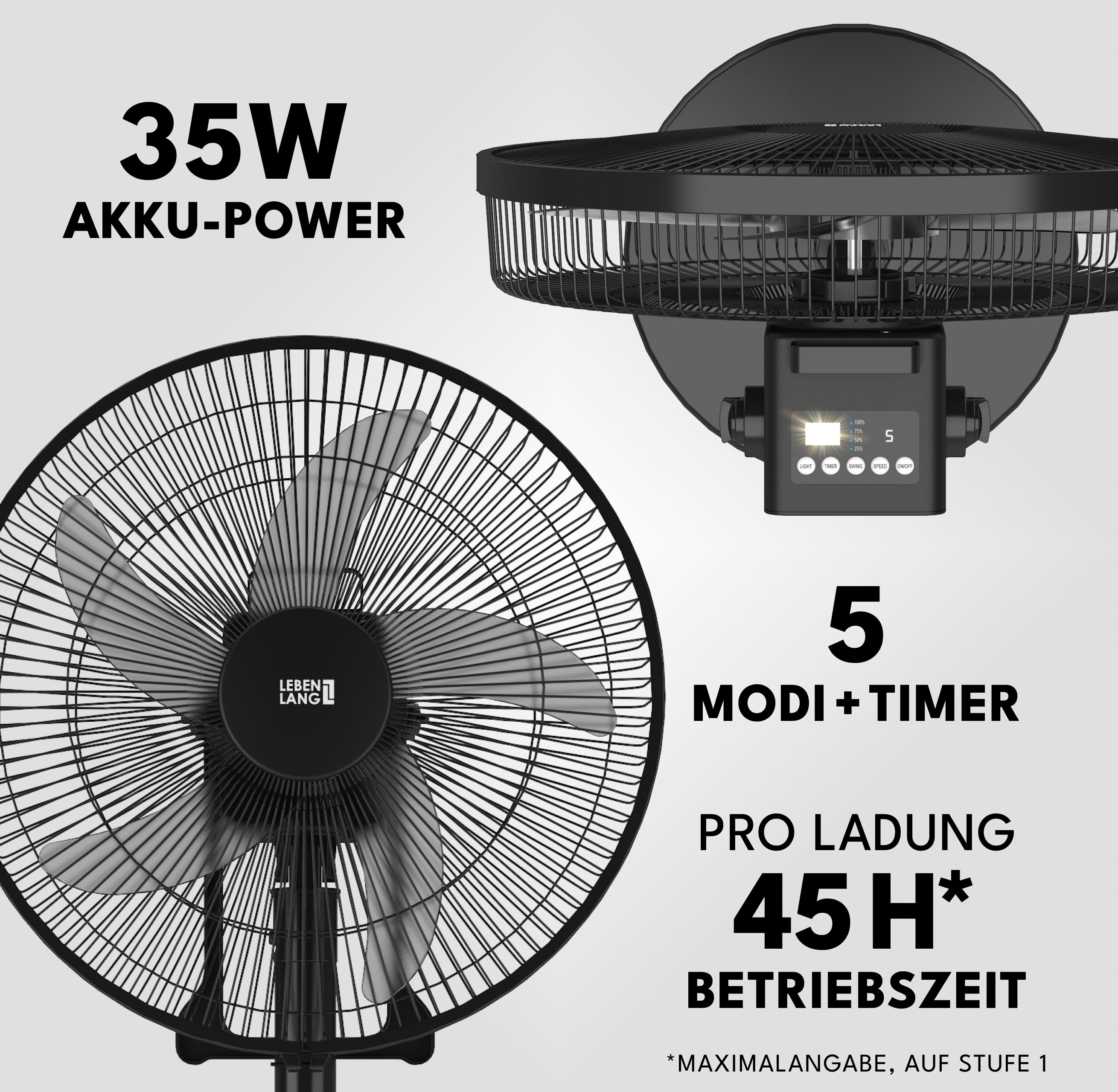 Lebenlang Akku-Standventilator 45h Laufzeit & 3600mAh günstig online kaufen