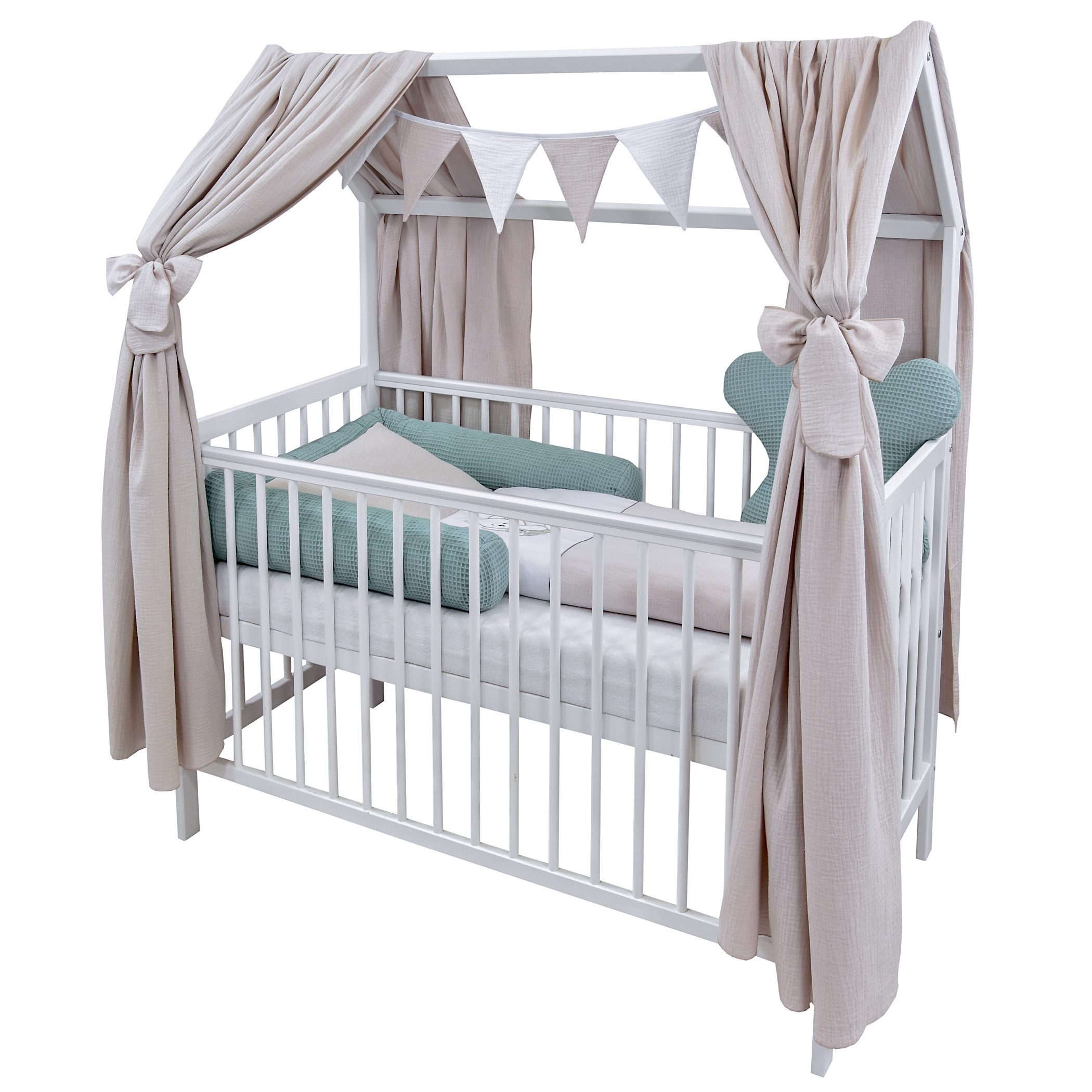 Baby-Delux Komplettbett Hausbett Babybett Komplettset Waffelpique Musselin, günstig online kaufen