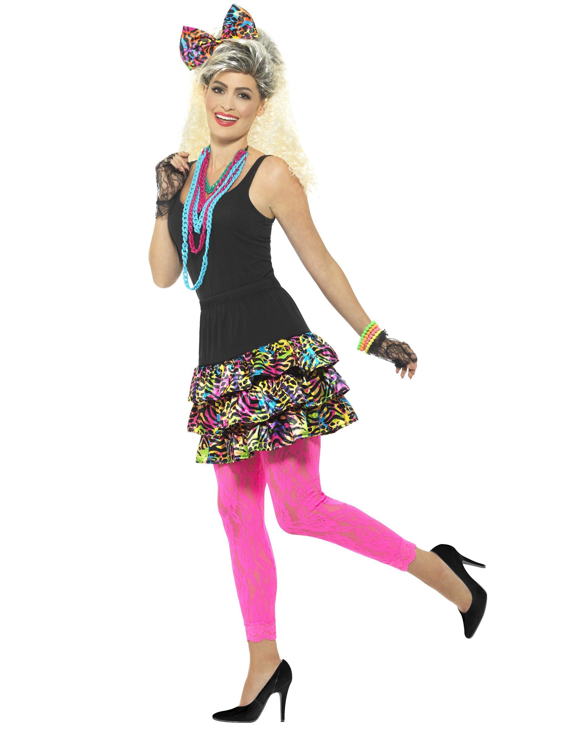 Smiffys Kostüm 80er Jahre Leopardenmuster neon-bunt Bekleidungsset Damen