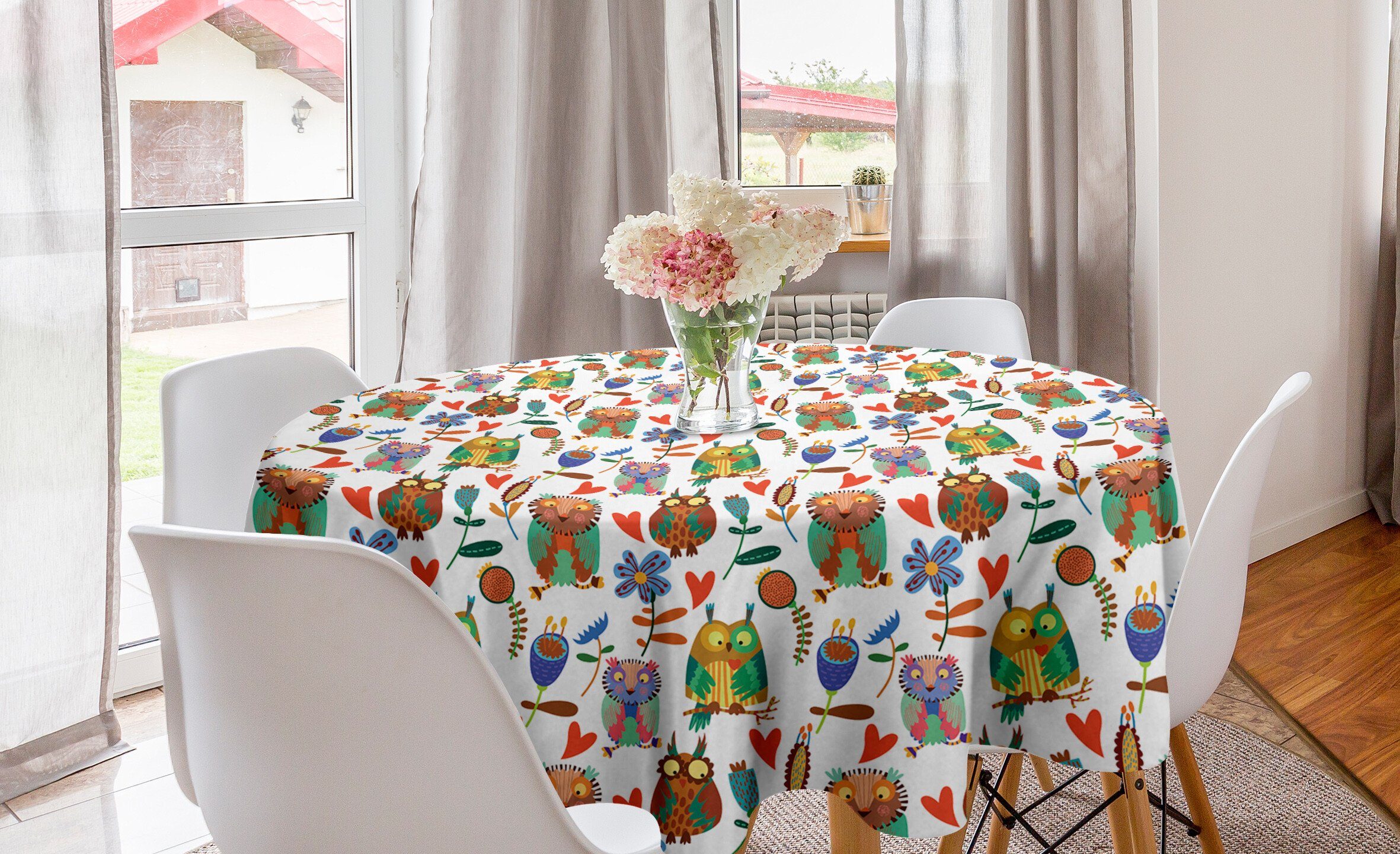 Kreis Abdeckung Dekoration, Blumen Eulen Esszimmer für Abakuhaus Tischdecke Tischdecke Vögel Fröhlich Küche