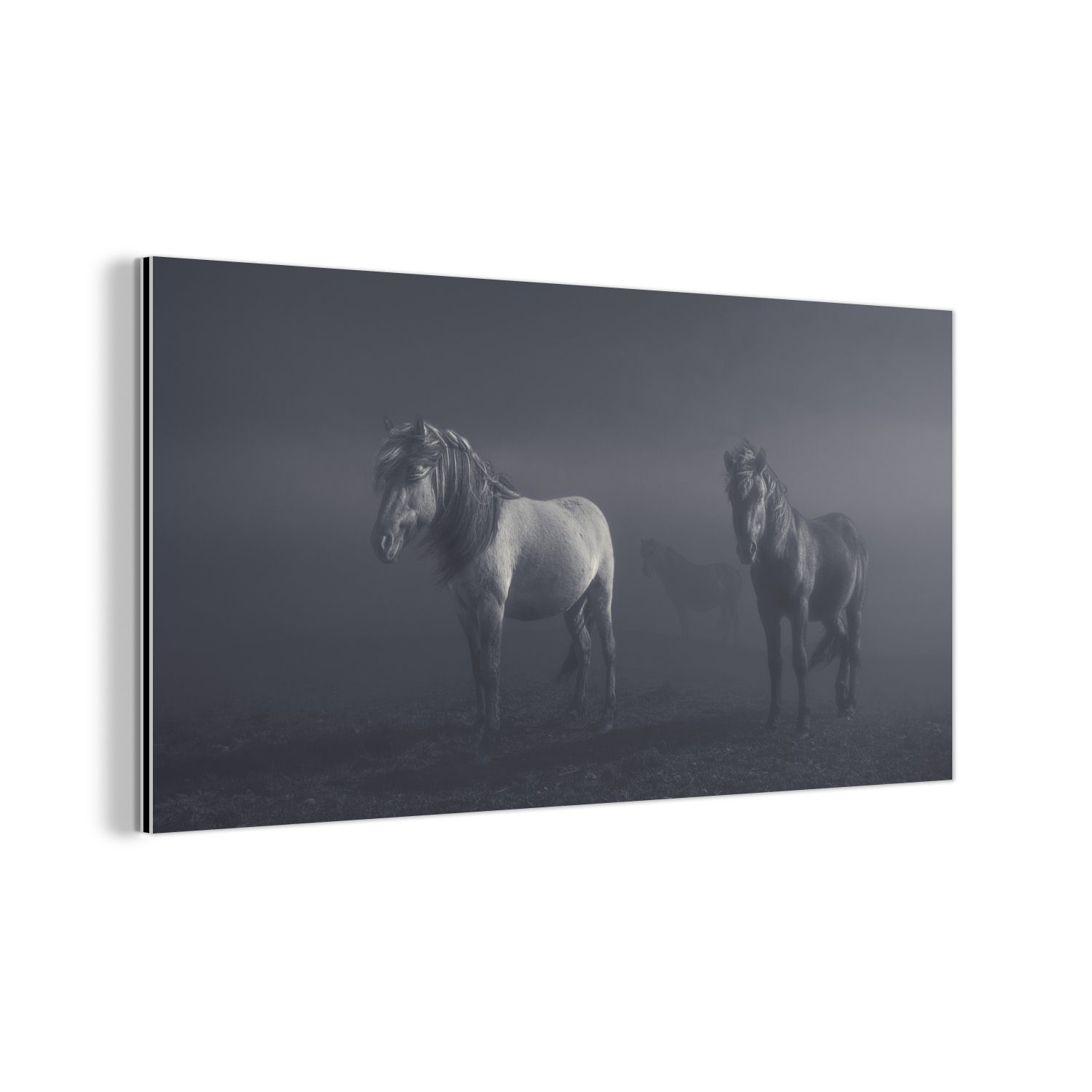 MuchoWow Metallbild Wanddekoration Metall Metallbild Wandkunst Pferde - Licht - Nebel, (1 St)