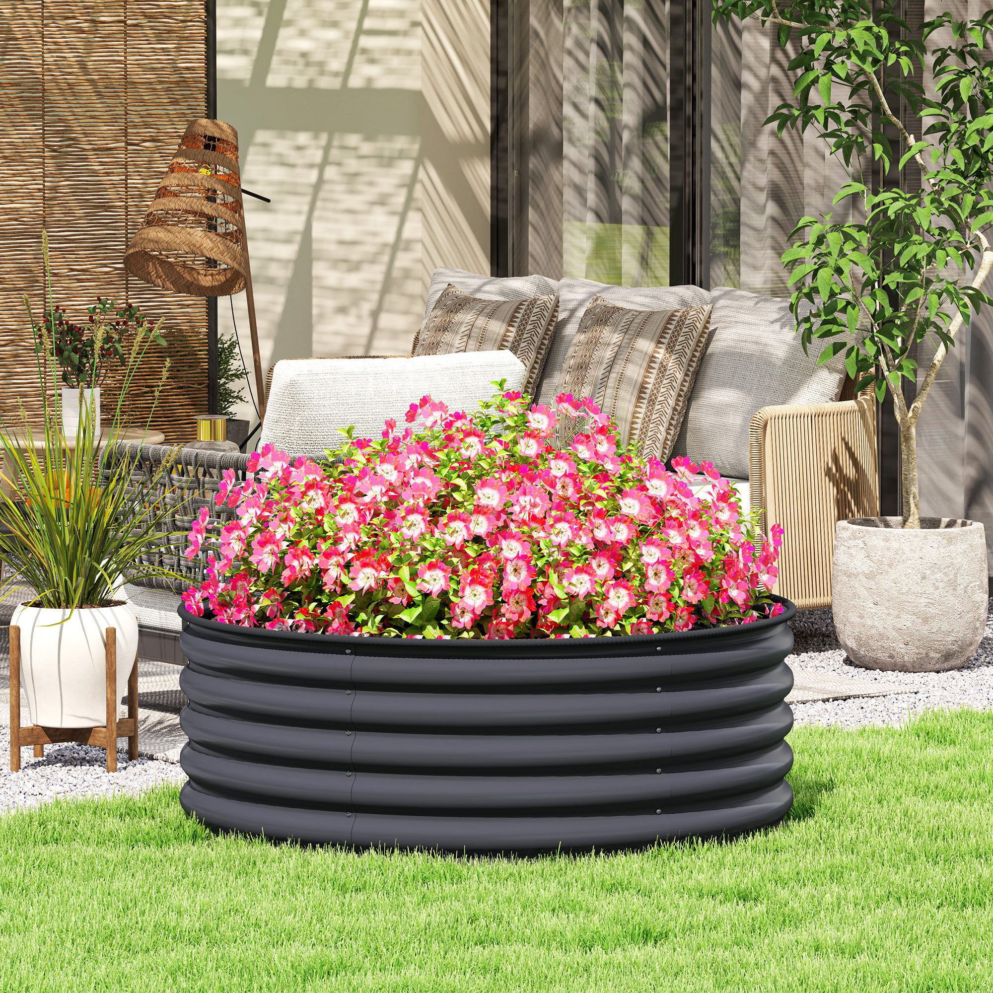 CHICFURN Hochbeet Stahl-Hochbeet 120x120x43cm stapelbar & steckbar in Dunkelgrau (Packung, 1 St., Pflanzbeet & Frühbeet für Gemüse, Blumen & Kräuter), Robuster Pflanzkasten für Garten, Balkon & Terrasse