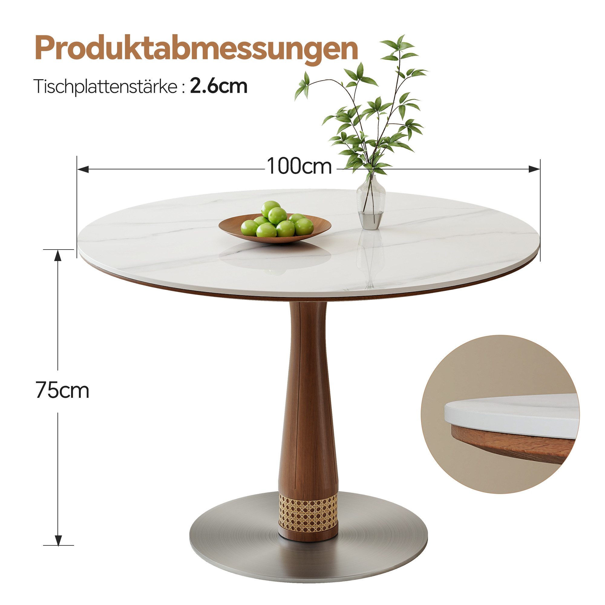 ZL ZELing Esstisch Küchentisch & Wohnzimmertisch mit Sintersteinplatte, für 2–4 Personen (1-St), rund, 100x75cm, Kratzfest & Hitzebeständig, Edelstahlfuß