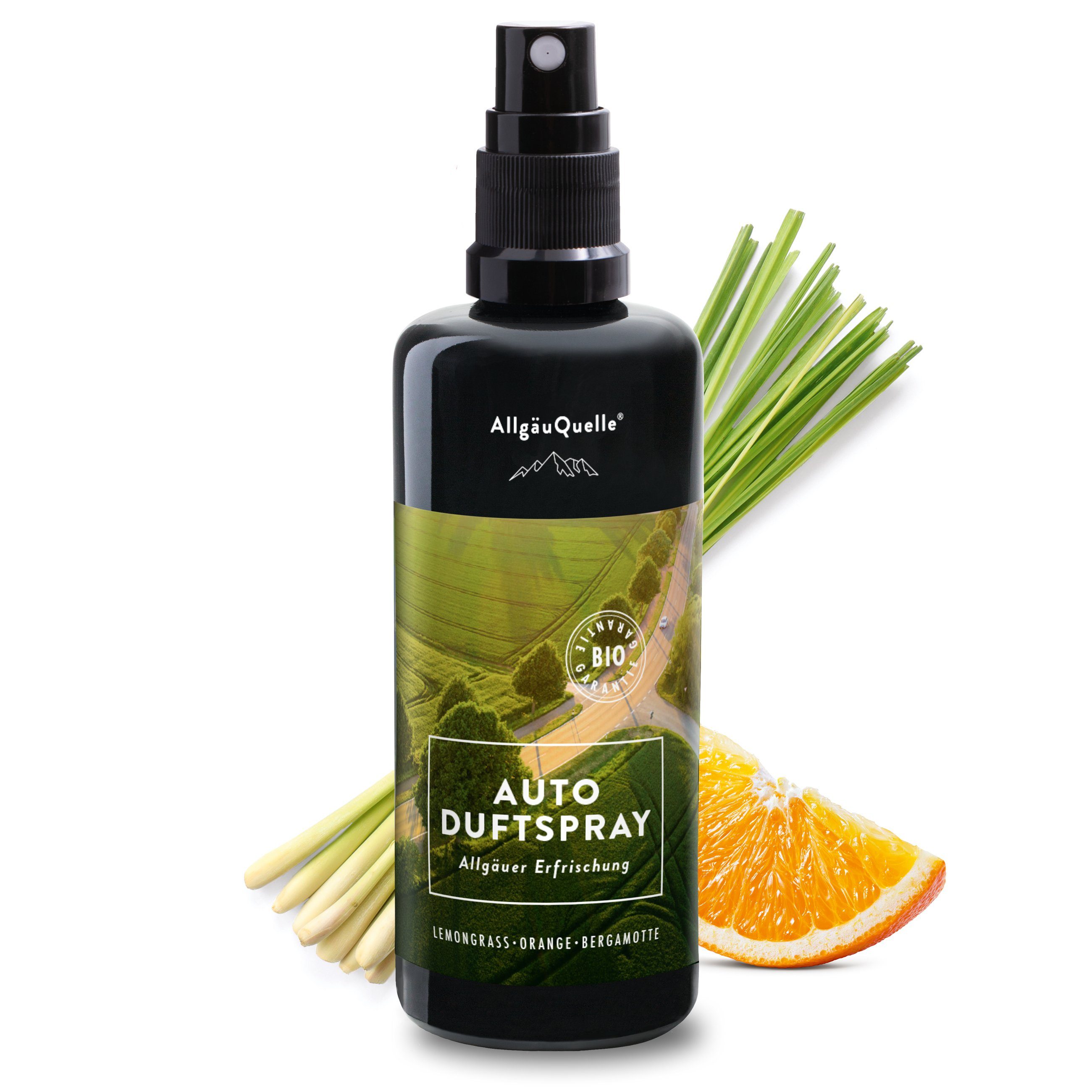 x Erfrischung Raumduft Lemongrass, (1 Orange mit 100ml), Bio Auto Duftspray Bergamotte und Allgäuquelle Allgäuer