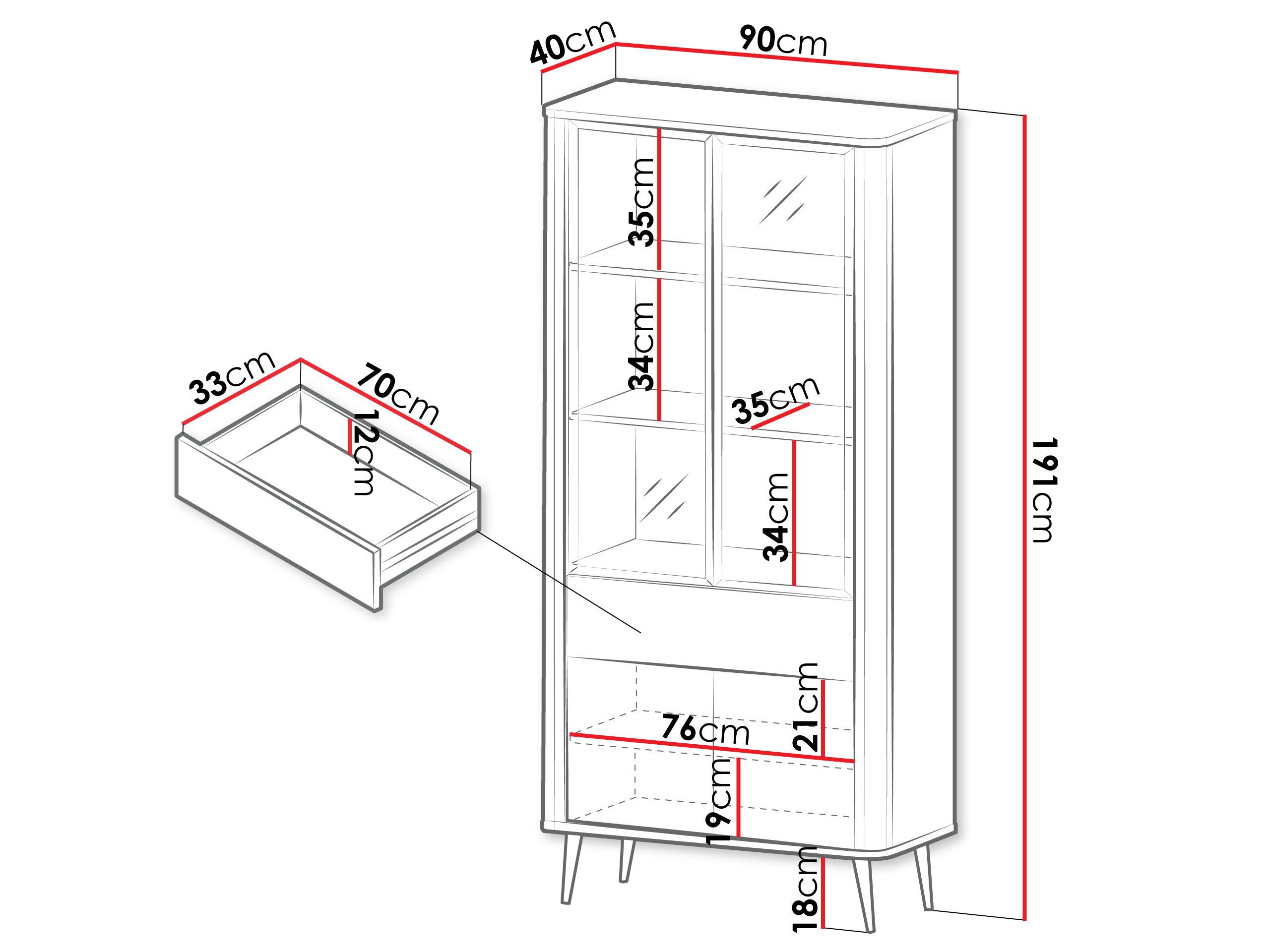 MIRJAN24 Vitrine Marly 1SD2W RE02 (mit vier Drehtüren und Schublade) Fronten mit gehärtetem Glas