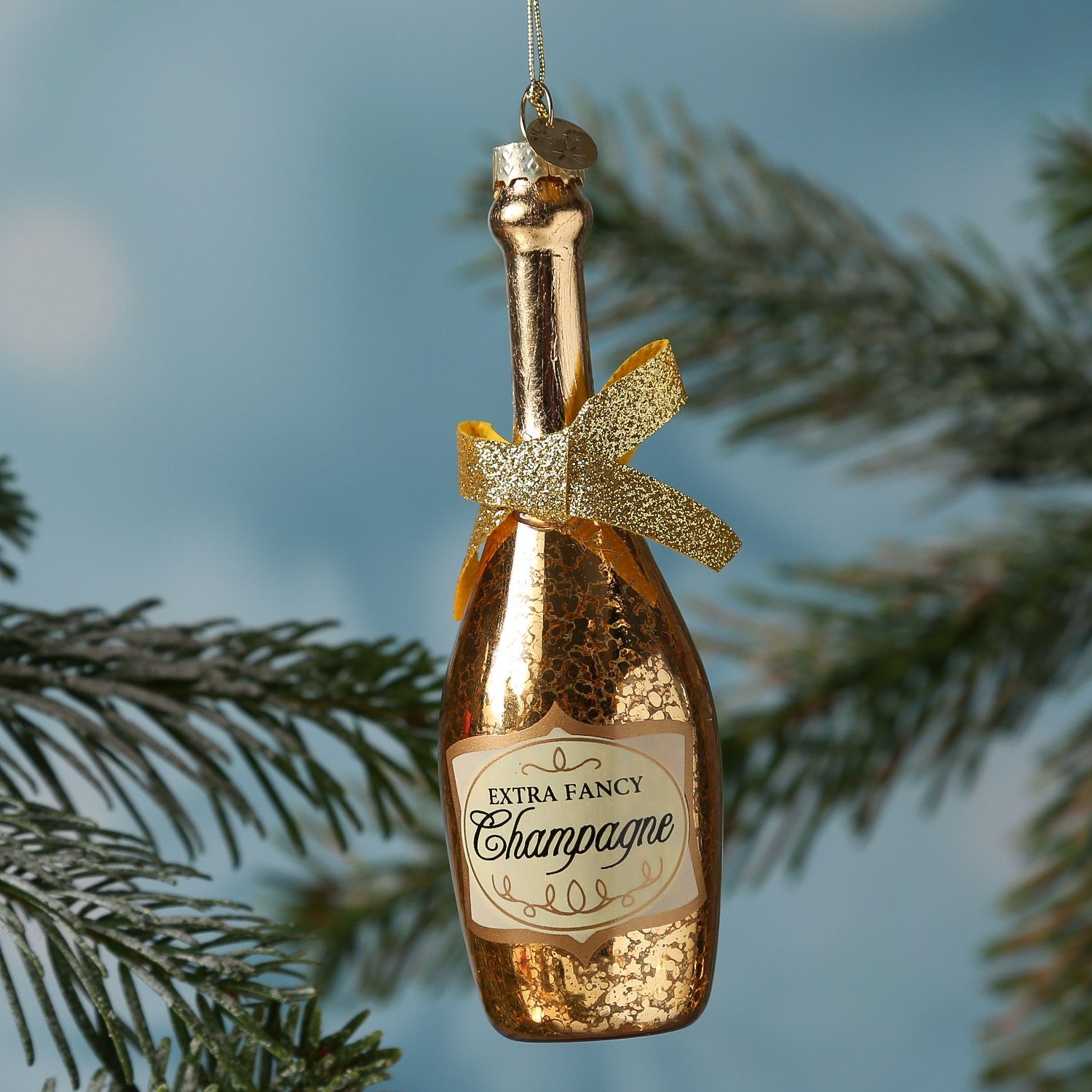 H: CHAMPANGER Glas Weihnachtsbaumschmuck Christbaumschmuck gold Flasche 13,5cm MARELIDA