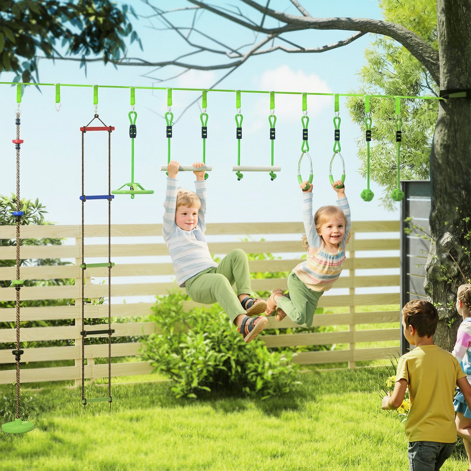 AIYAPLAY Slackline Ninja Hindernisparcours Set 10 m mit Turnringen & Spinnerrad, Trainingsausrüstungsset für Kinder