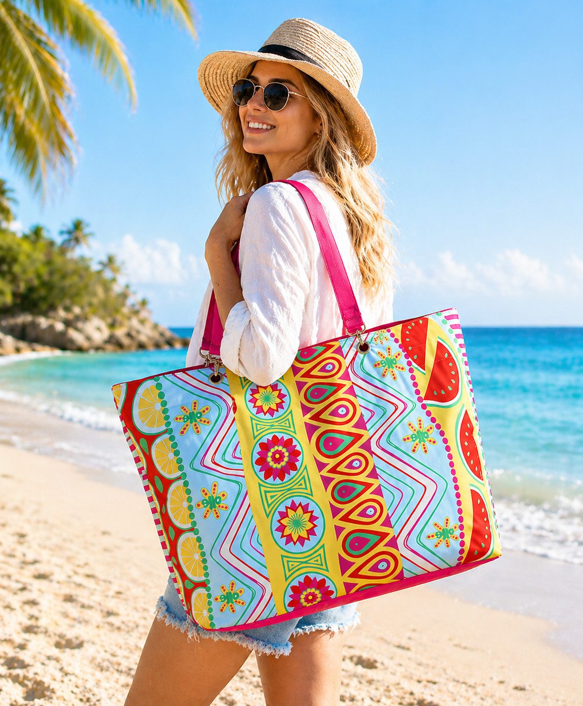 J JONES JENNIFER JONES Strandtasche - Große Badetasche, Freizeittasche mit Reißverschluss, Saunatasche, abnehmbare Schulterriemen
