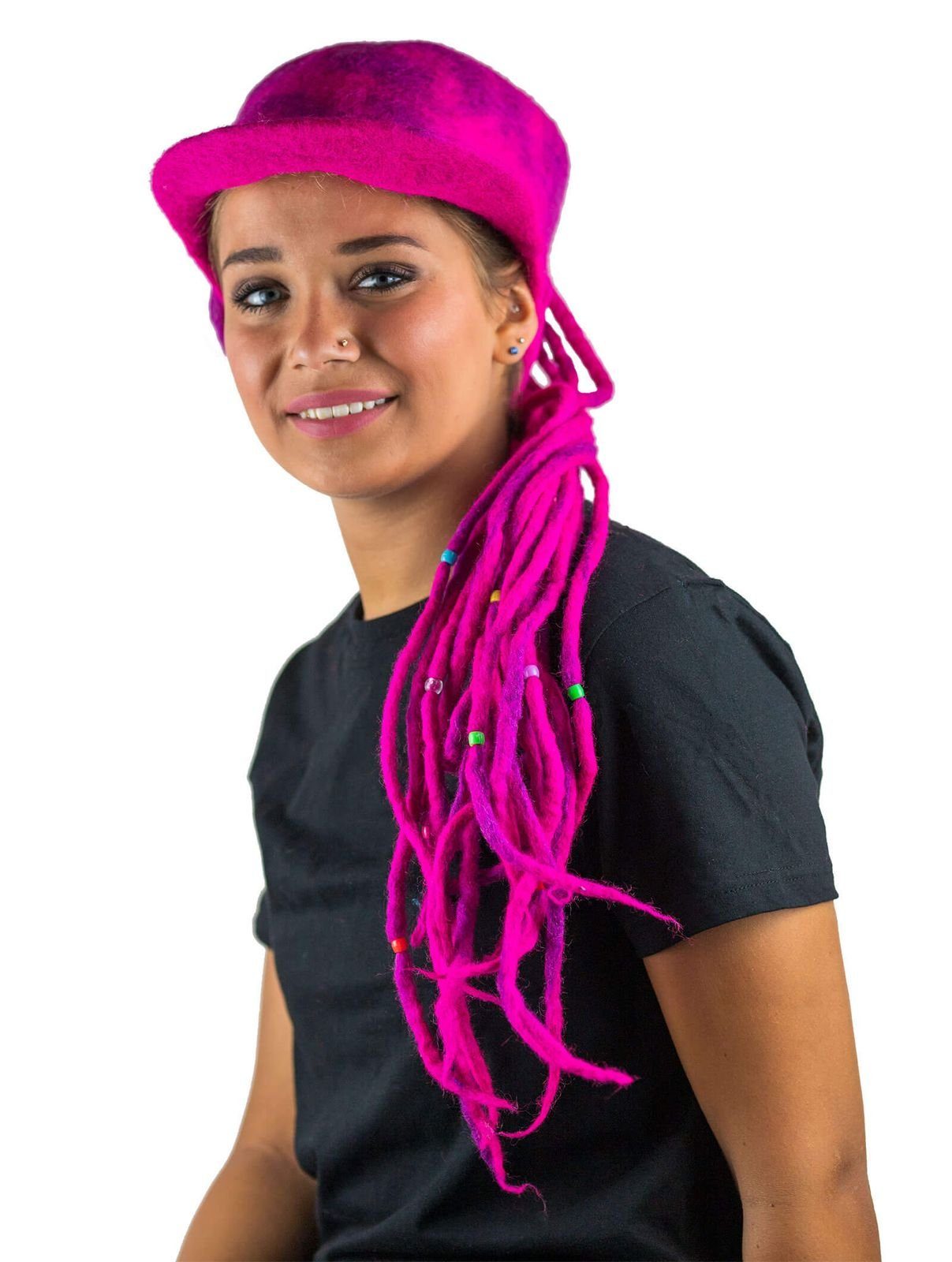 KUNST UND MAGIE Ballonmütze Kunst und Magie Bunter Dreadlock Hut aus Filz Hippie Goa Filzhut Pink
