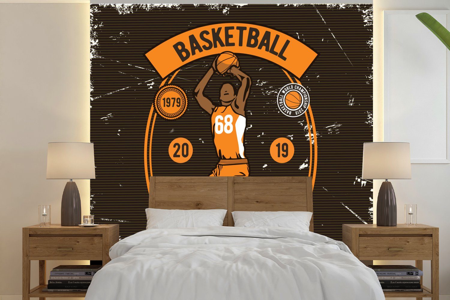 MuchoWow Fototapete Mancave - Basketball - Sport - Vintage - Orange, Matt, bedruckt, (5 St), Vinyl Tapete für Wohnzimmer oder Schlafzimmer, Wandtapete