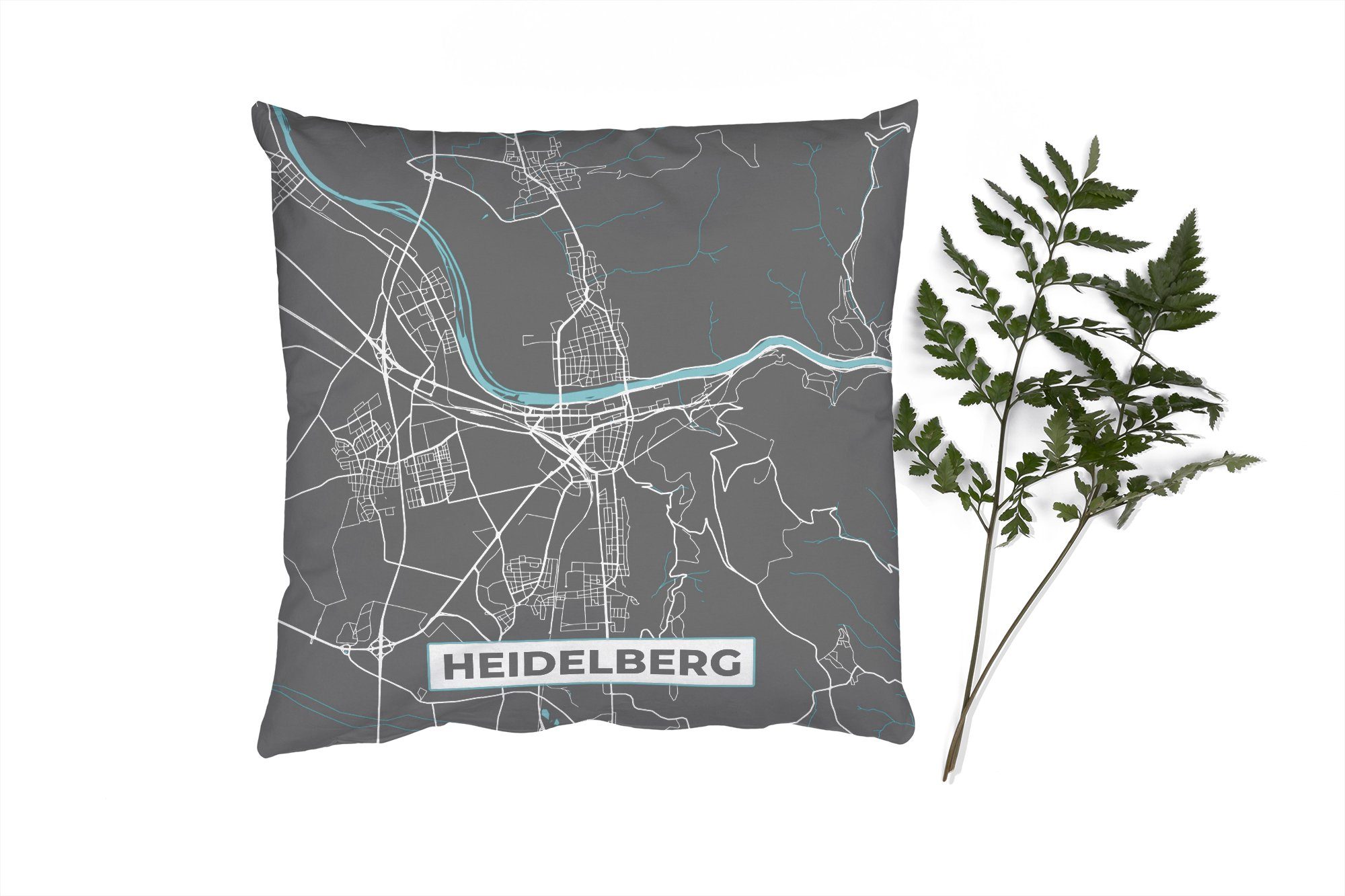 Stadtplan Karte, Deko, für - Sofakissen Deutschland mit - - Zierkissen Blau Heidelberg MuchoWow - Füllung Schlafzimmer, Dekokissen Wohzimmer,