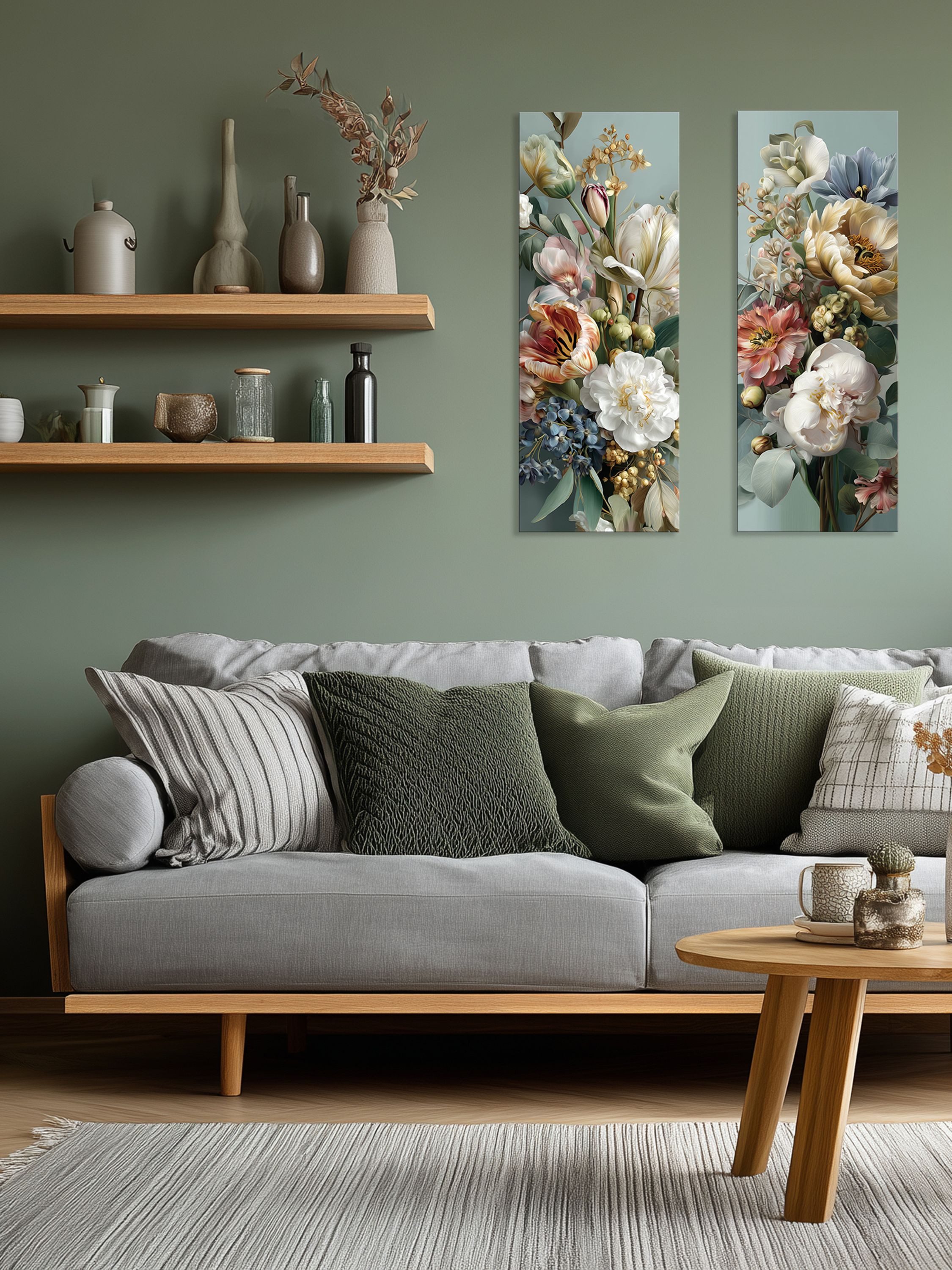 artissimo Glasbild Bild aus Glas 30x80 cm / Wandbild Hochformat / Wanddeko modern, Blumen und Blüten: Vintage Blumenstrauß in salbei-grün