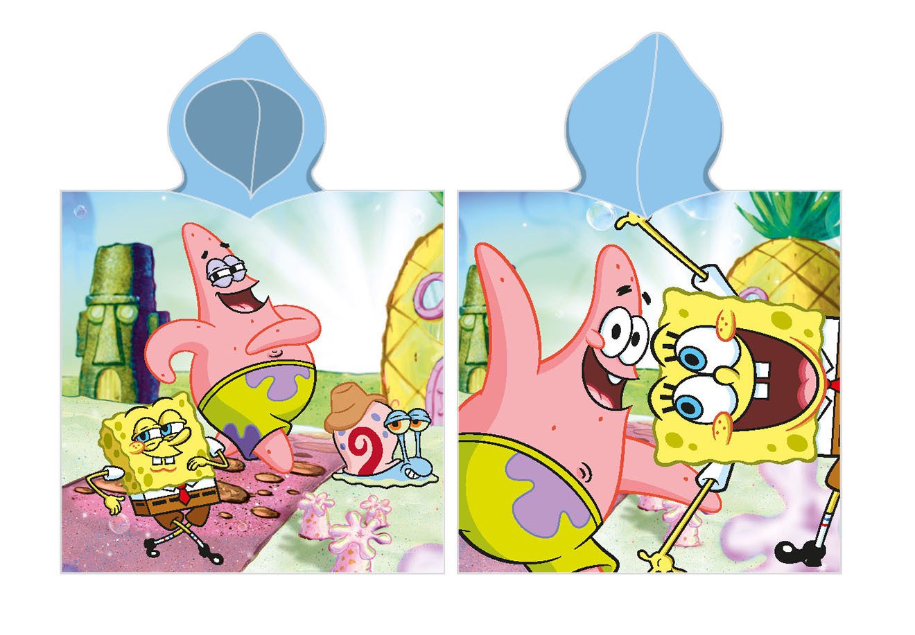 Sponge Bob Strandtuch Spongebob Poncho Strandtuch mit Kaputze 55 x 110 cm, mit Kapuze