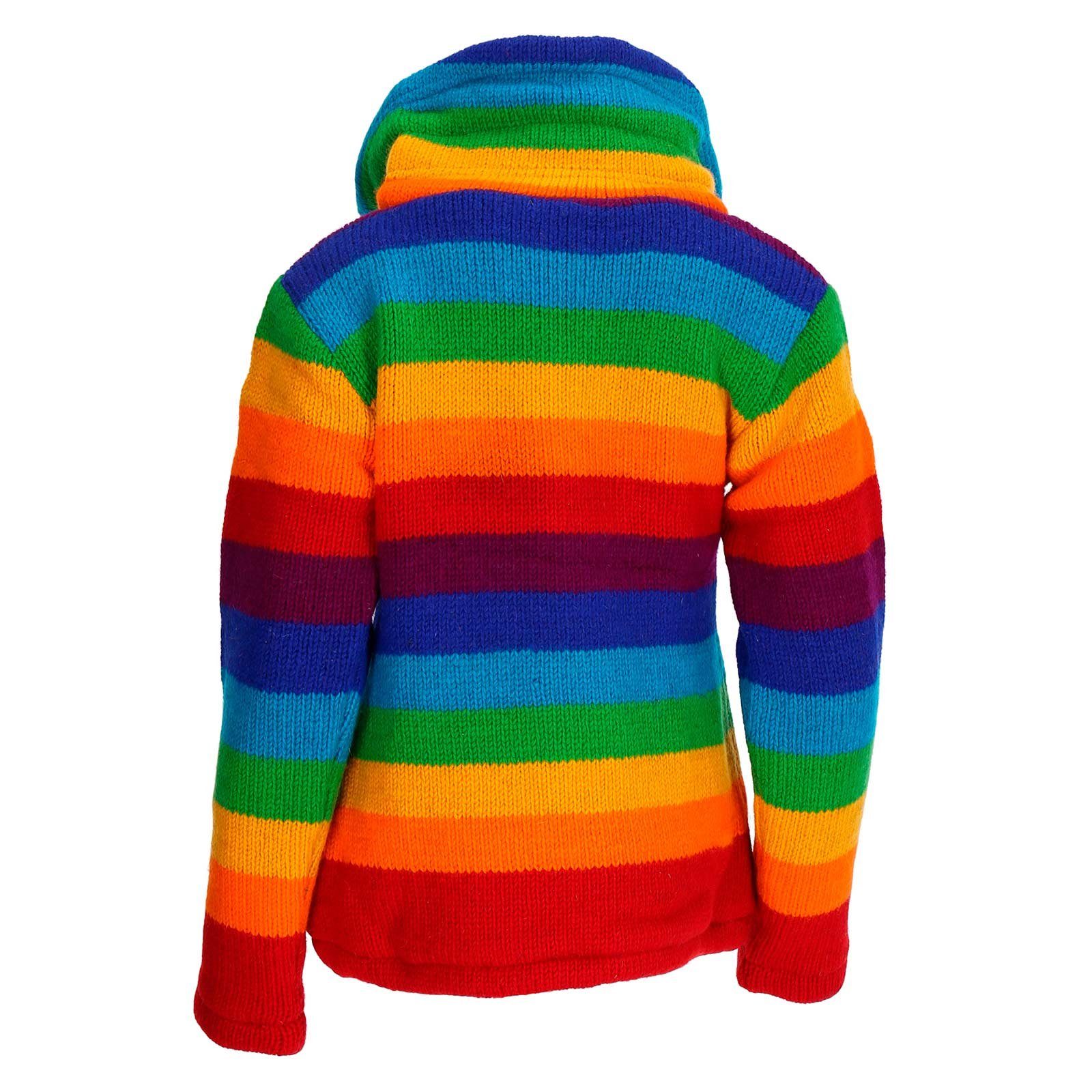 KUNST UND MAGIE Strickjacke Strickjacke Wolle Bunte Regenbogen Jacke Fleecefutter Hochkragen
