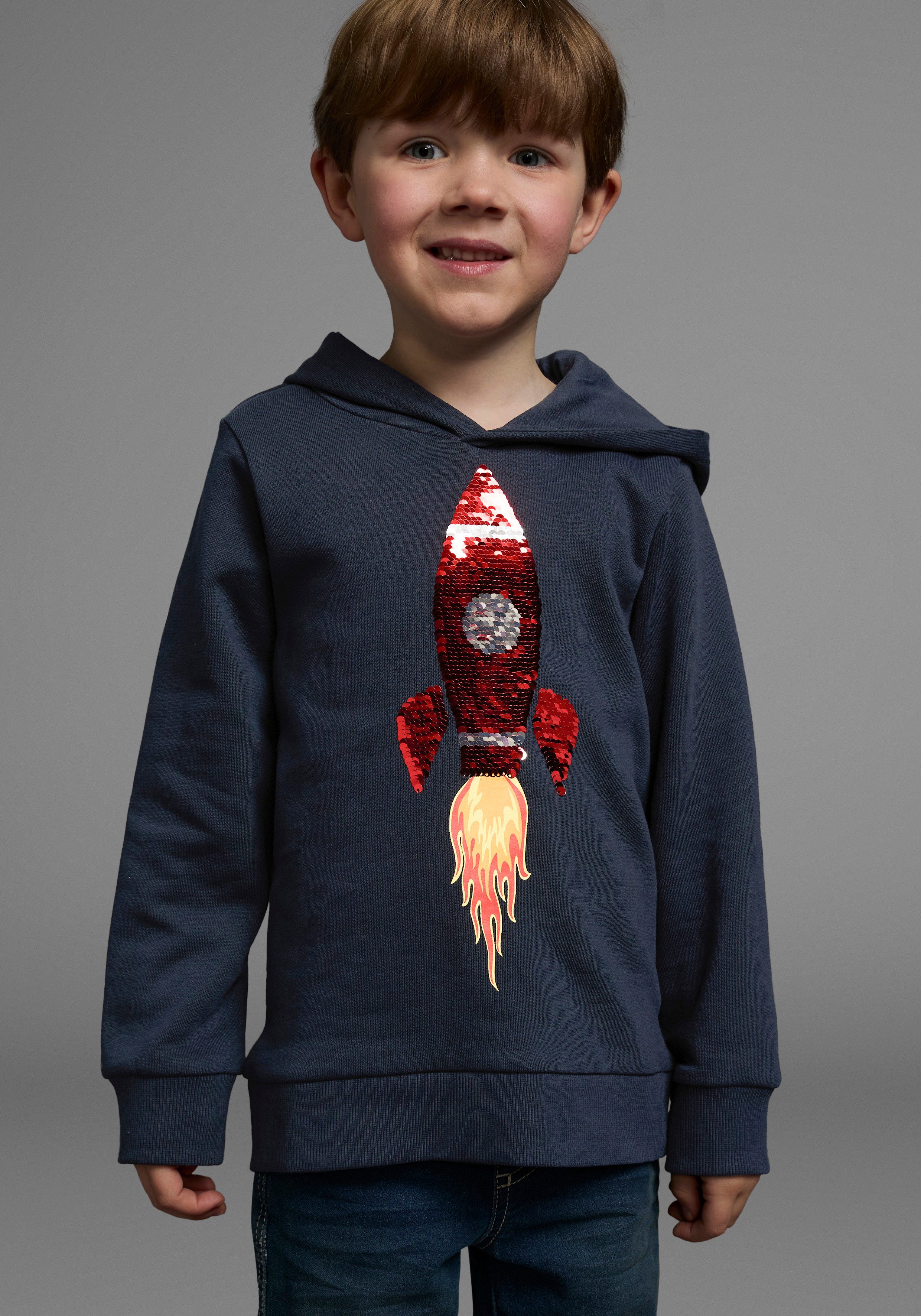 KIDSWORLD Kapuzensweatshirt Rakete - Wendepaillette lange Ärmel, Basic-Passform, aus Baumwolle, mit Rippbündchen