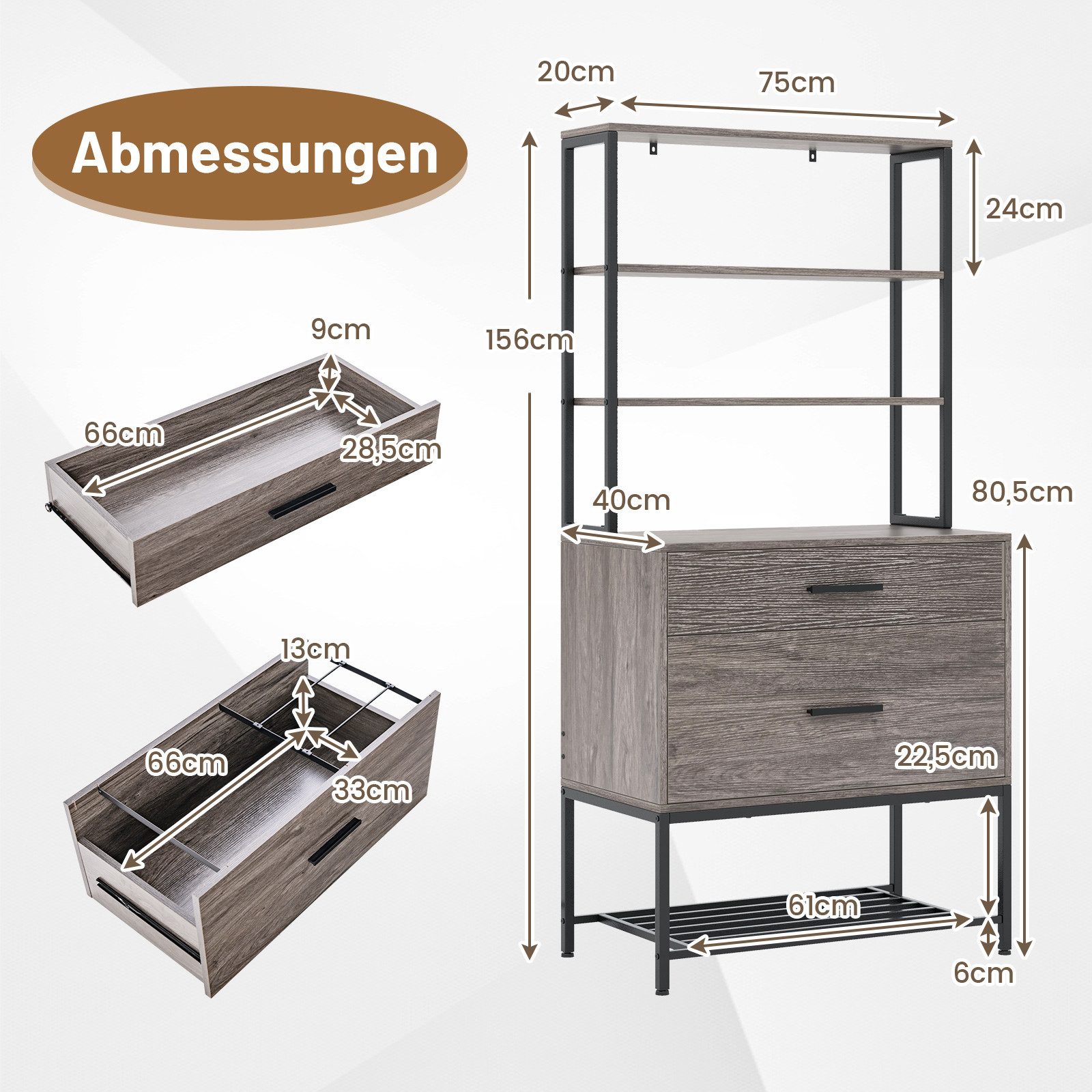 COSTWAY Aktenschrank Büroschrank, 3 offene Regale, 2 Schubladen, Grau
