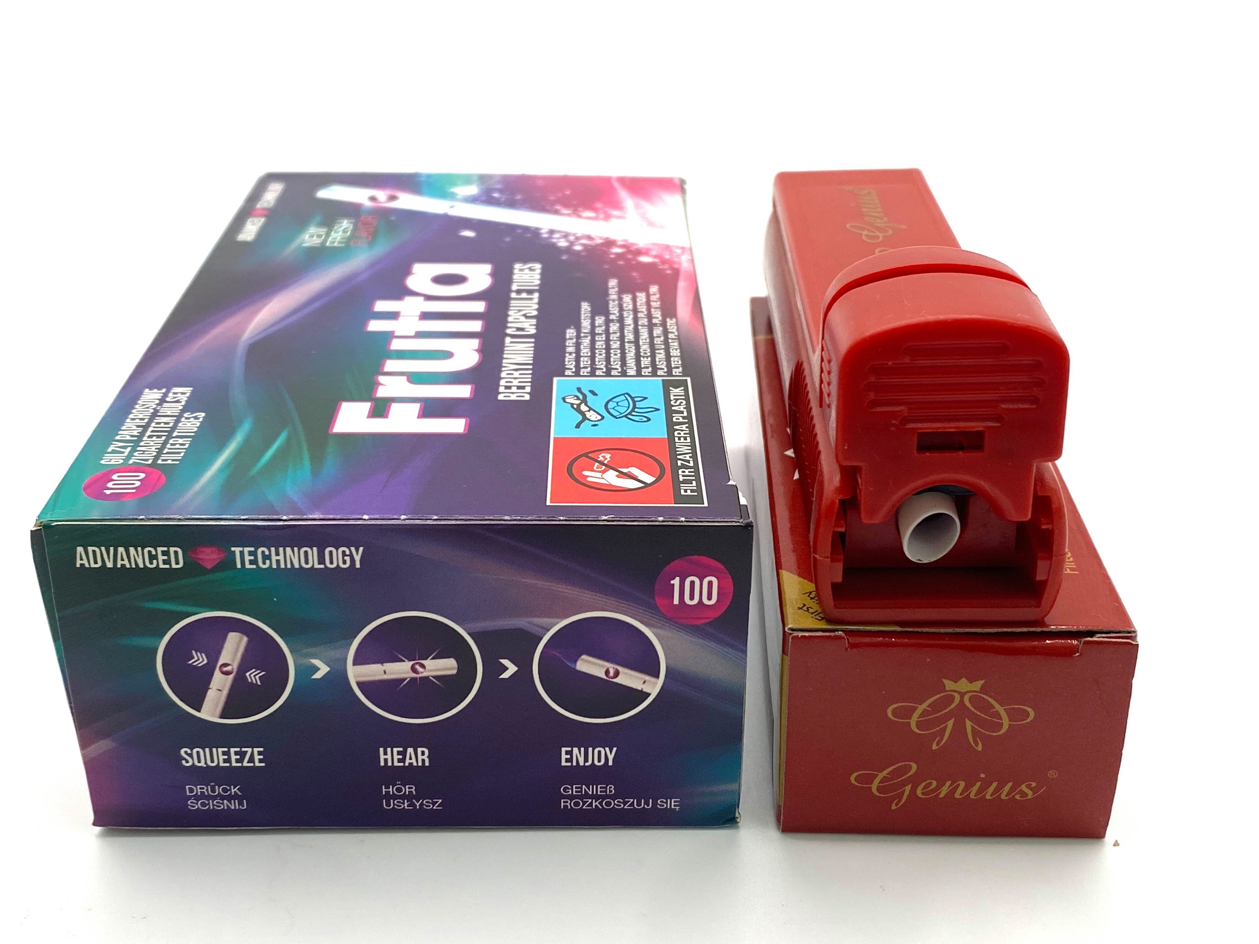 meytrade Papierfilter Frutta Berry Mint Set 100 Filterhülsen mit Geschmack + Genius Maschine