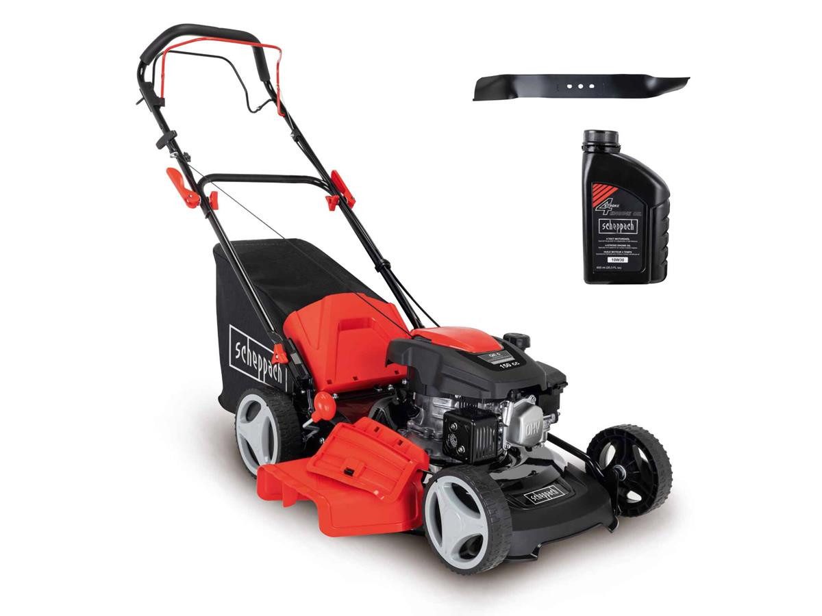 Scheppach Benzinrasenmäher MS161-46, 46 cm Schnittbreite, (Set), 150 cm³, 3,5 PS Motorleistung, inkl. 0,6 L Öl + 2. Rasenmähermesser